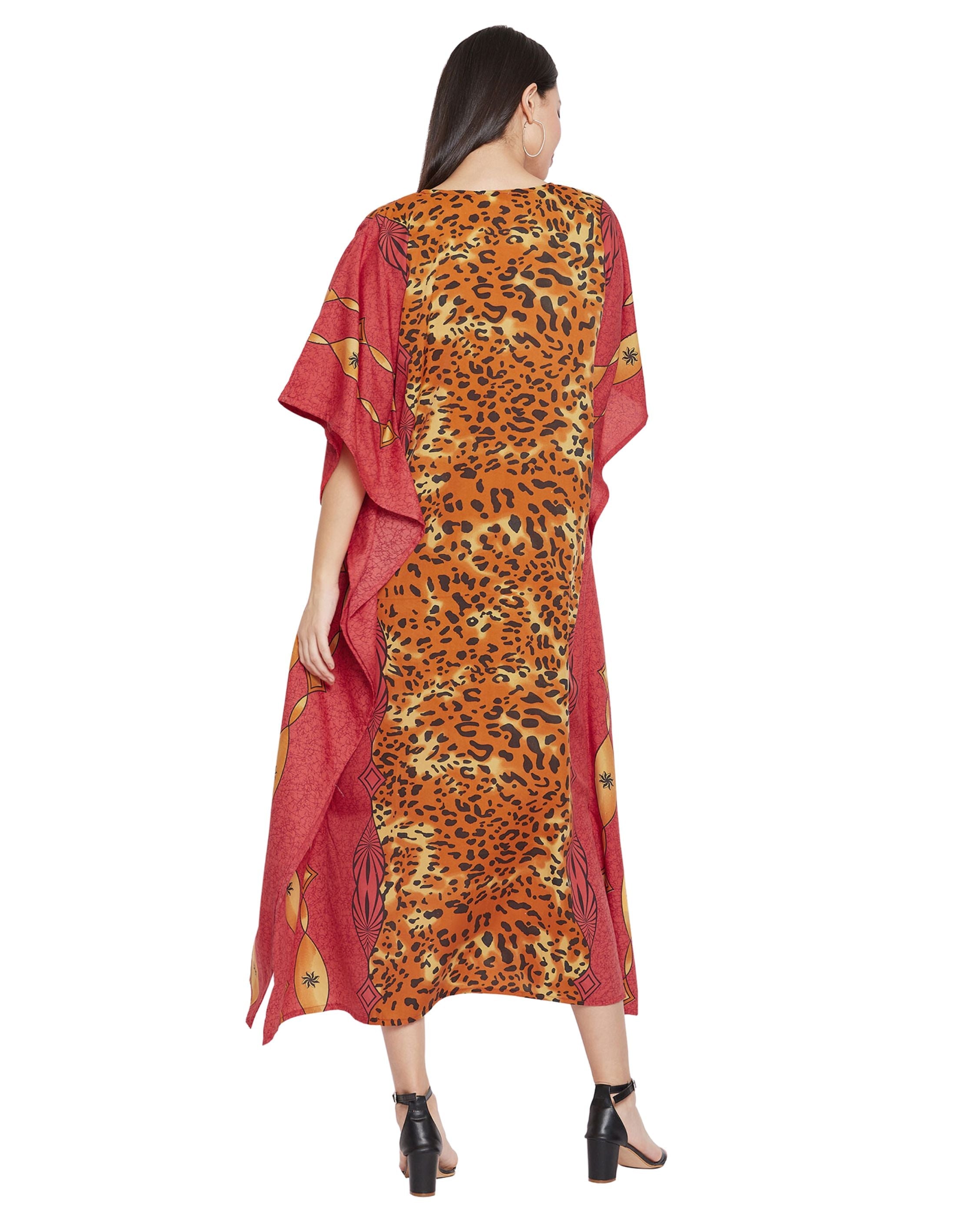 Leopard Printed Red Polyester Caftan Dress for Women