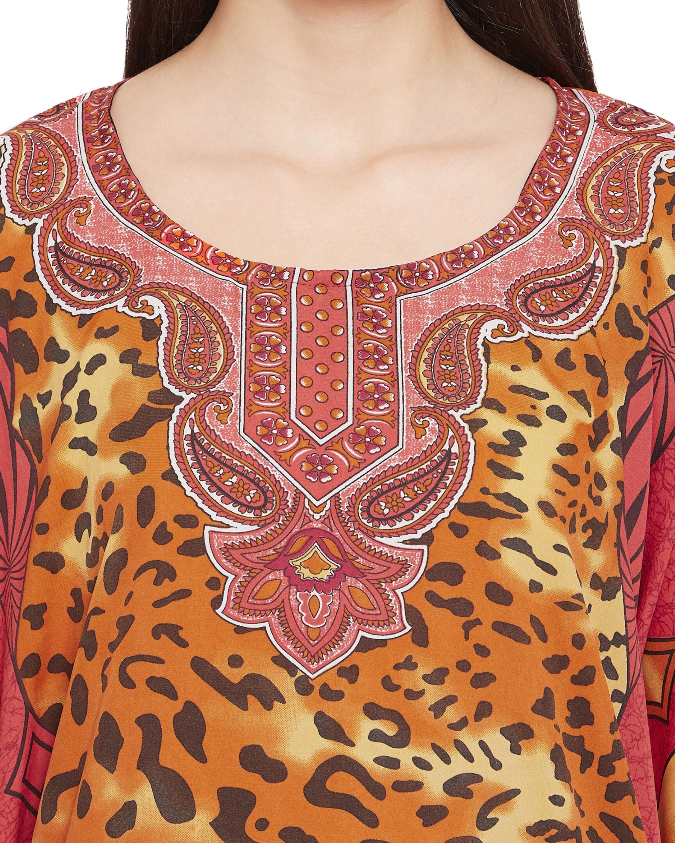 Leopard Printed Red Polyester Caftan Dress for Women