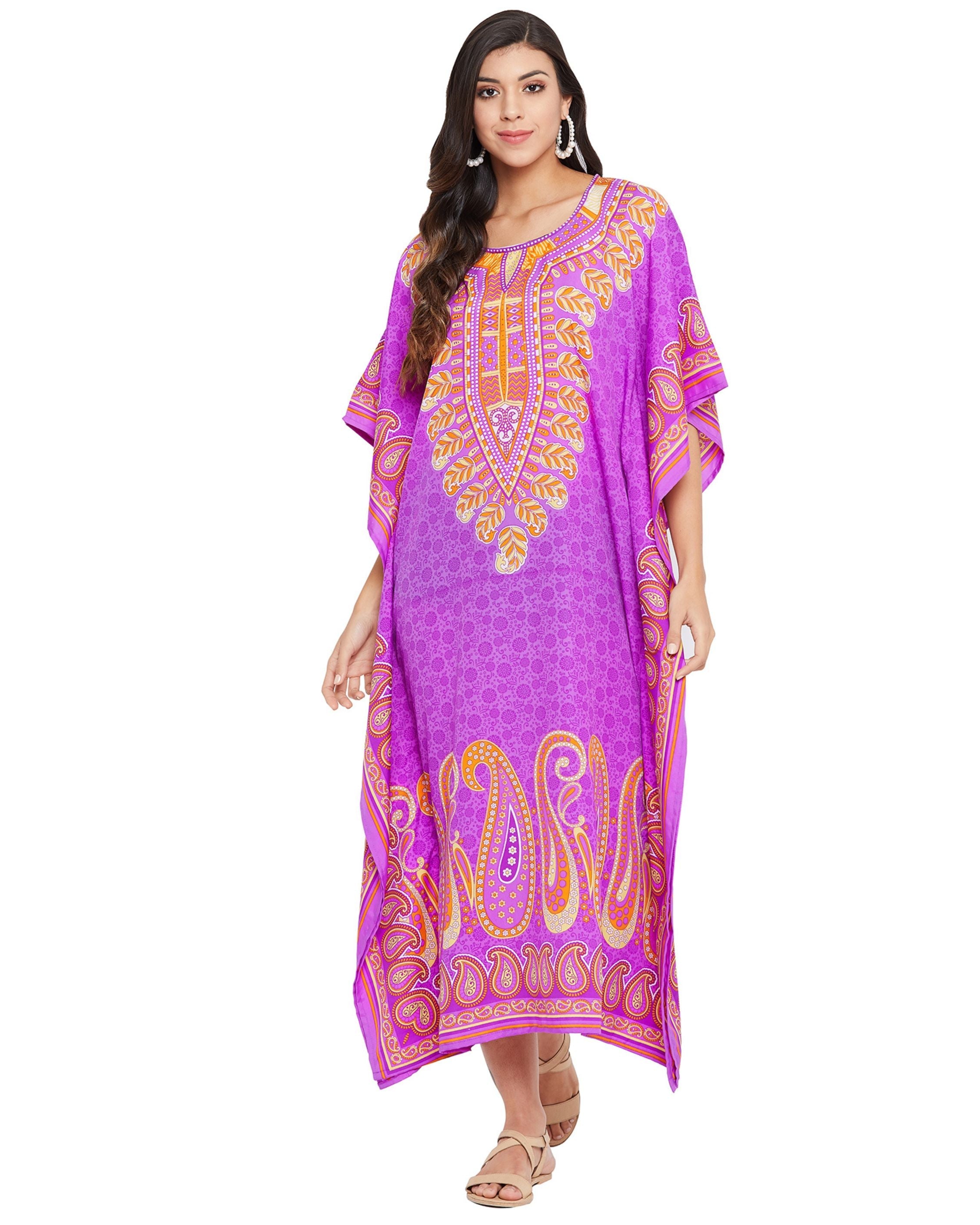 Paisley Printed Purple Polyester Kaftan Plus Size Dress For Women