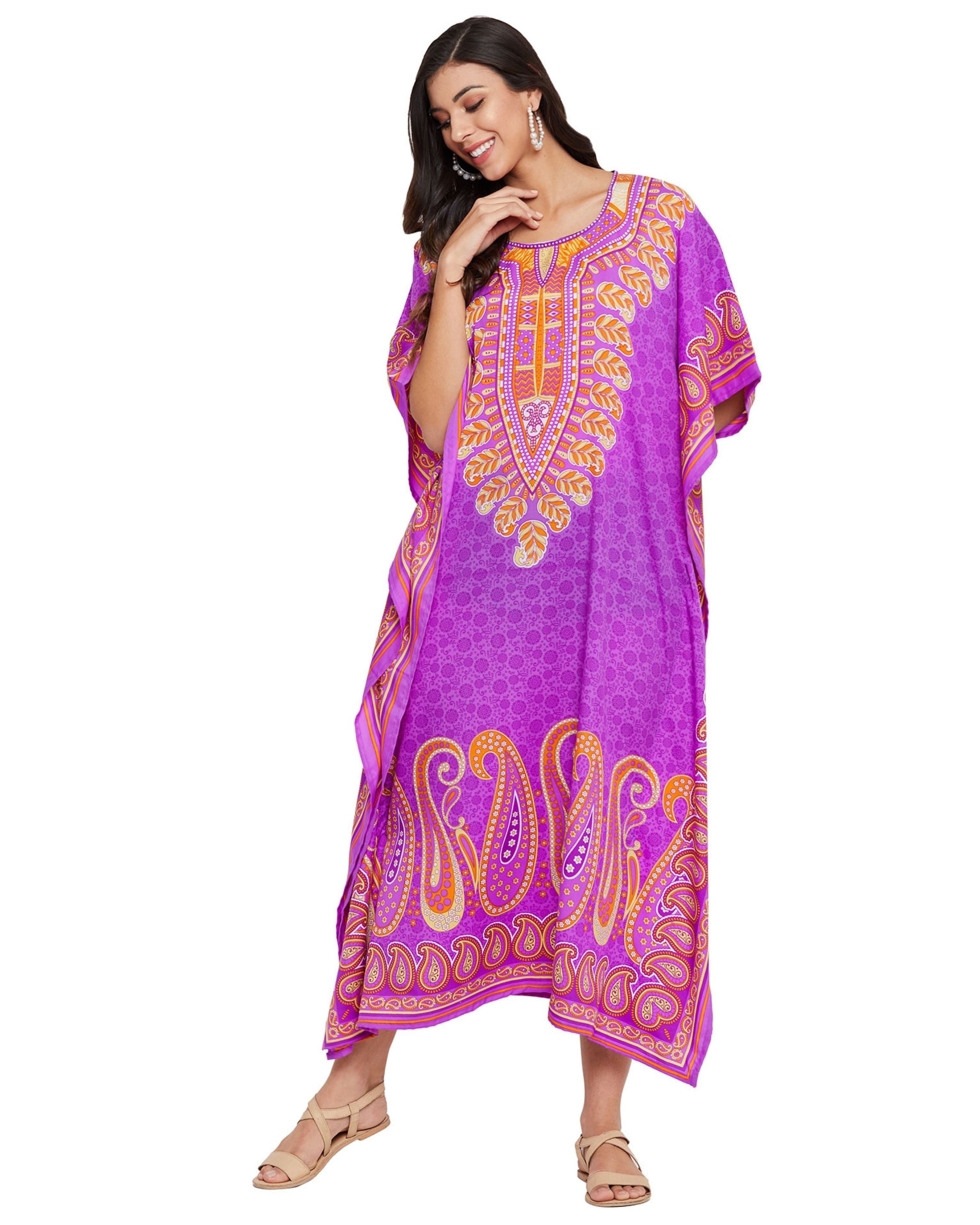 Paisley Printed Purple Polyester Kaftan Plus Size Dress For Women