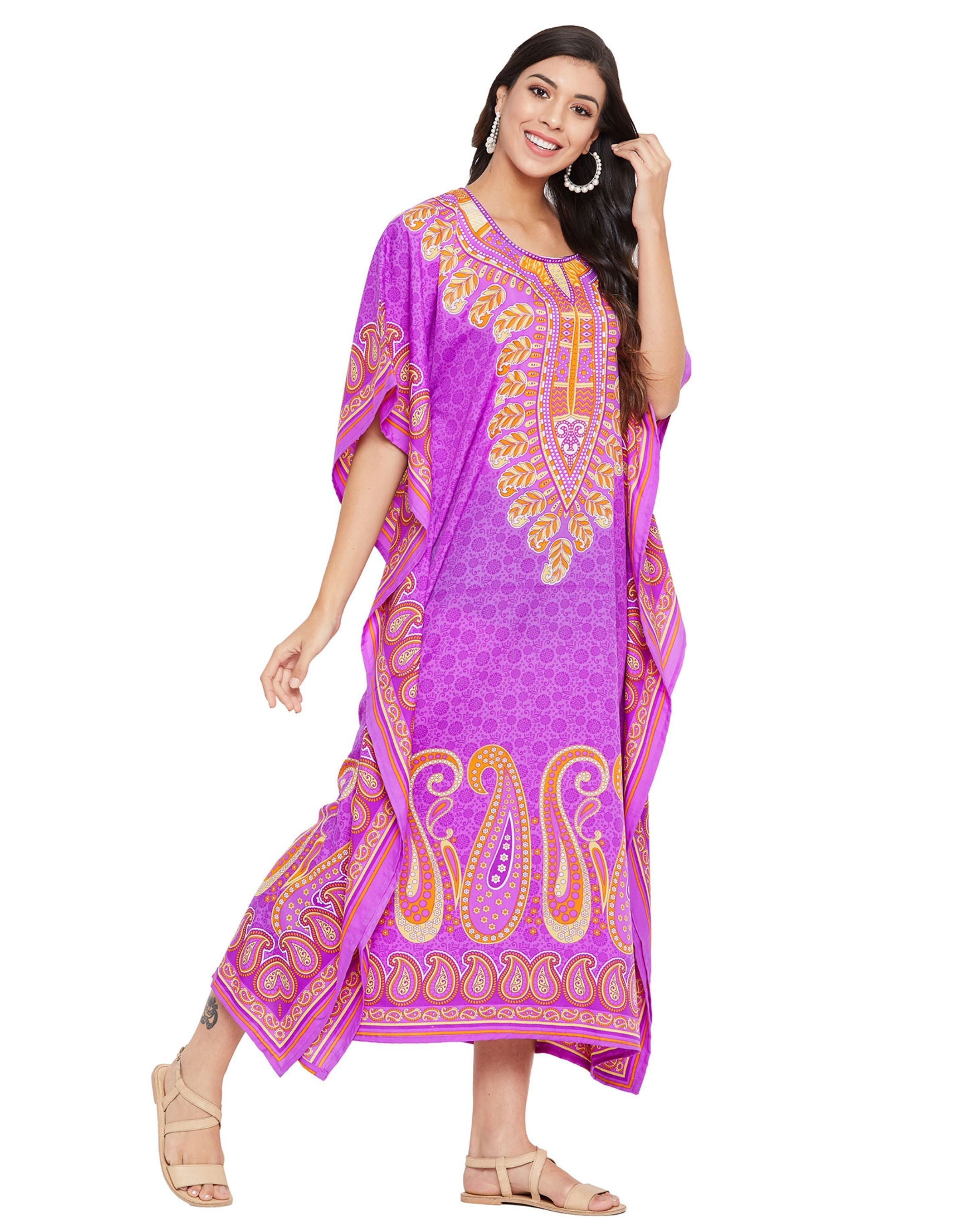 Paisley Printed Purple Polyester Kaftan Plus Size Dress For Women