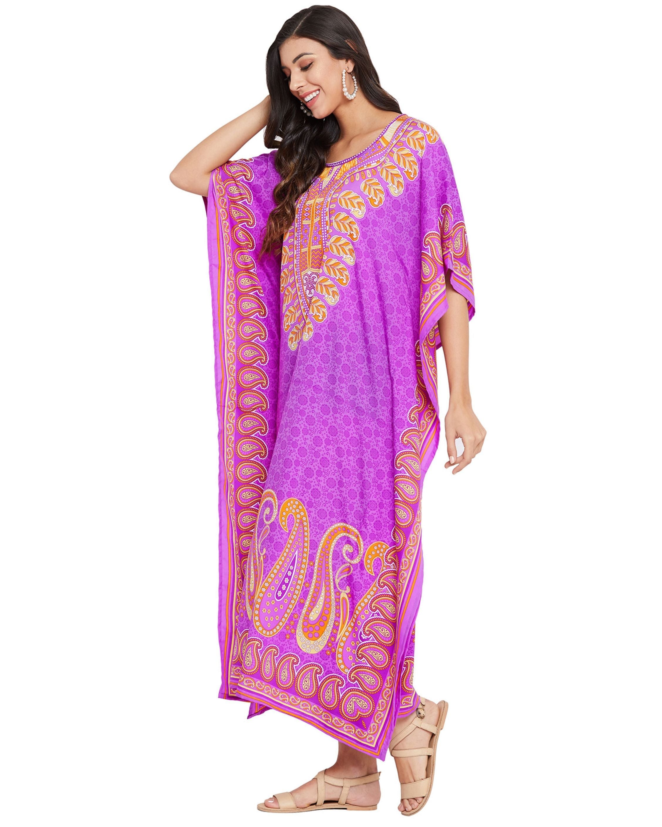 Paisley Printed Purple Polyester Kaftan Plus Size Dress For Women