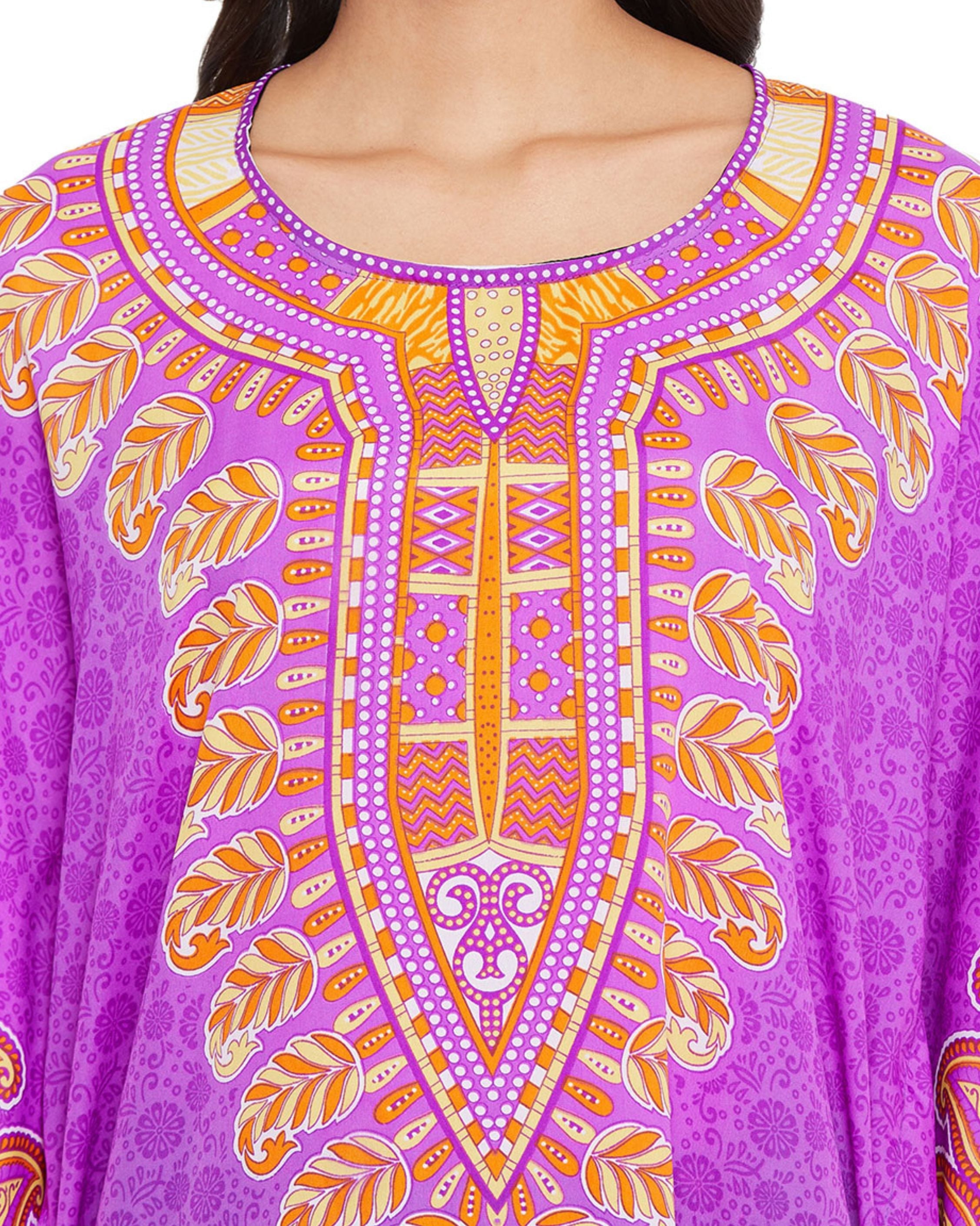 Paisley Printed Purple Polyester Kaftan Plus Size Dress For Women