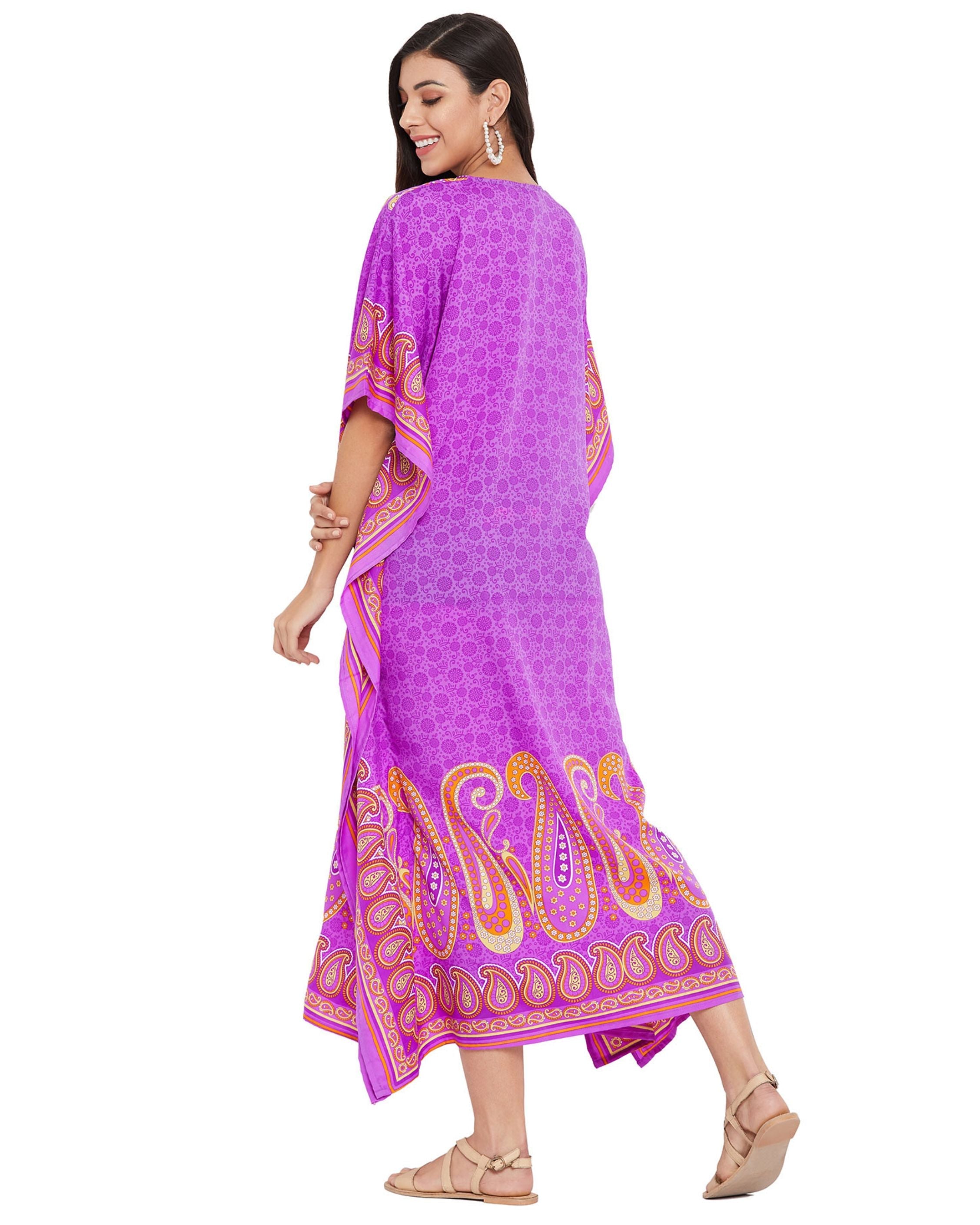Paisley Printed Purple Polyester Kaftan Plus Size Dress For Women