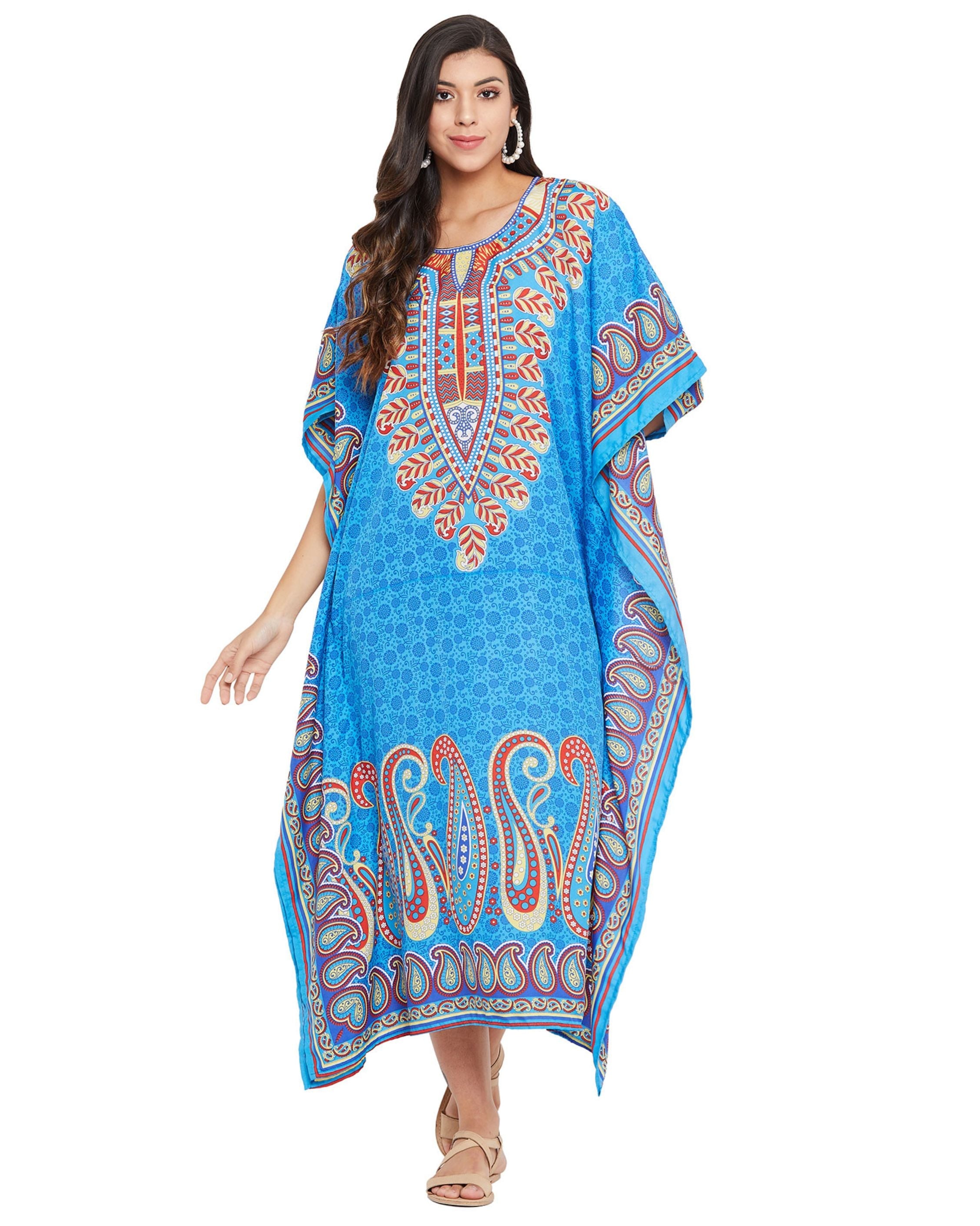 Paisley Printed Sky Blue Plus Size Polyester Kaftan For Women