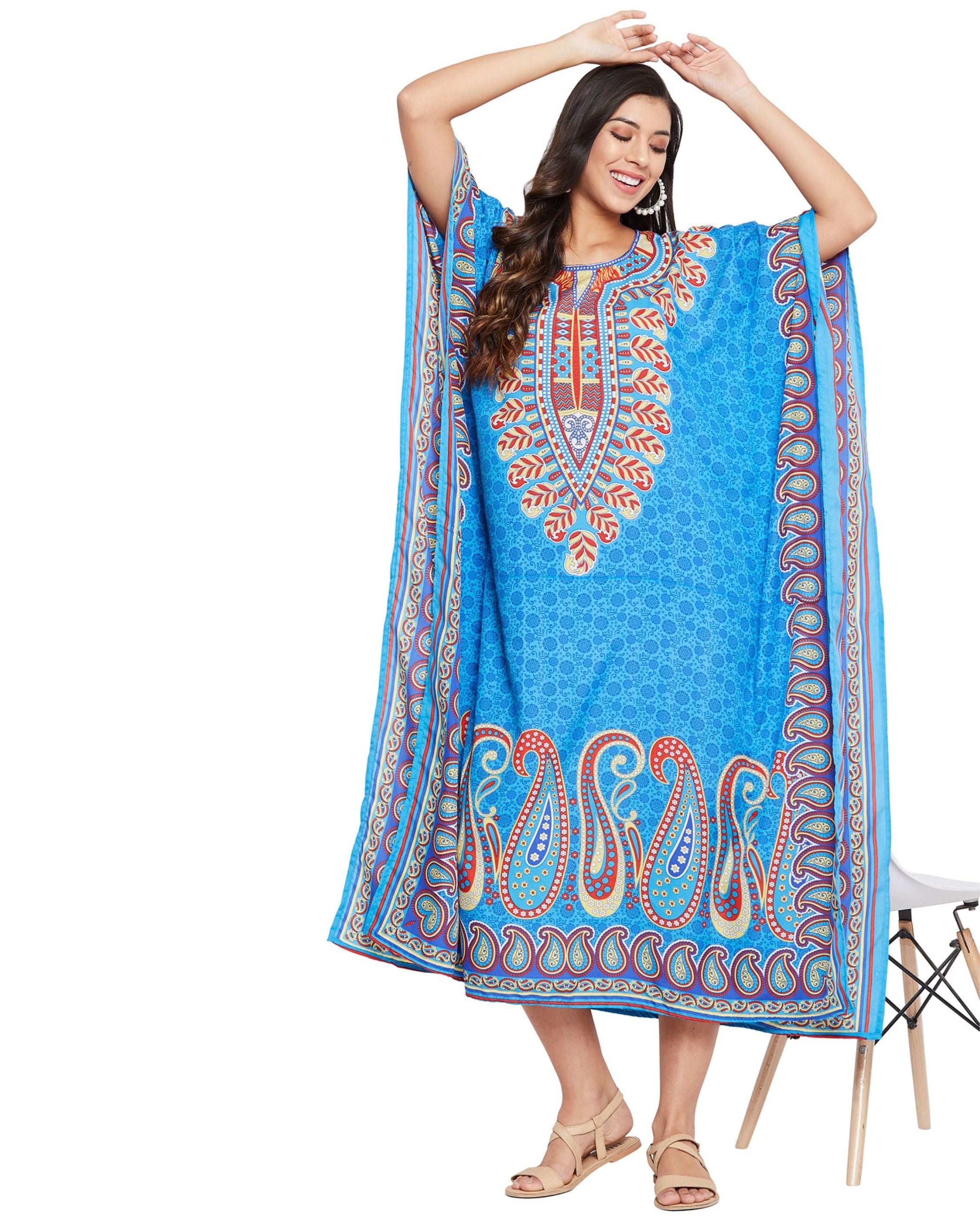 Paisley Printed Sky Blue Plus Size Polyester Kaftan For Women