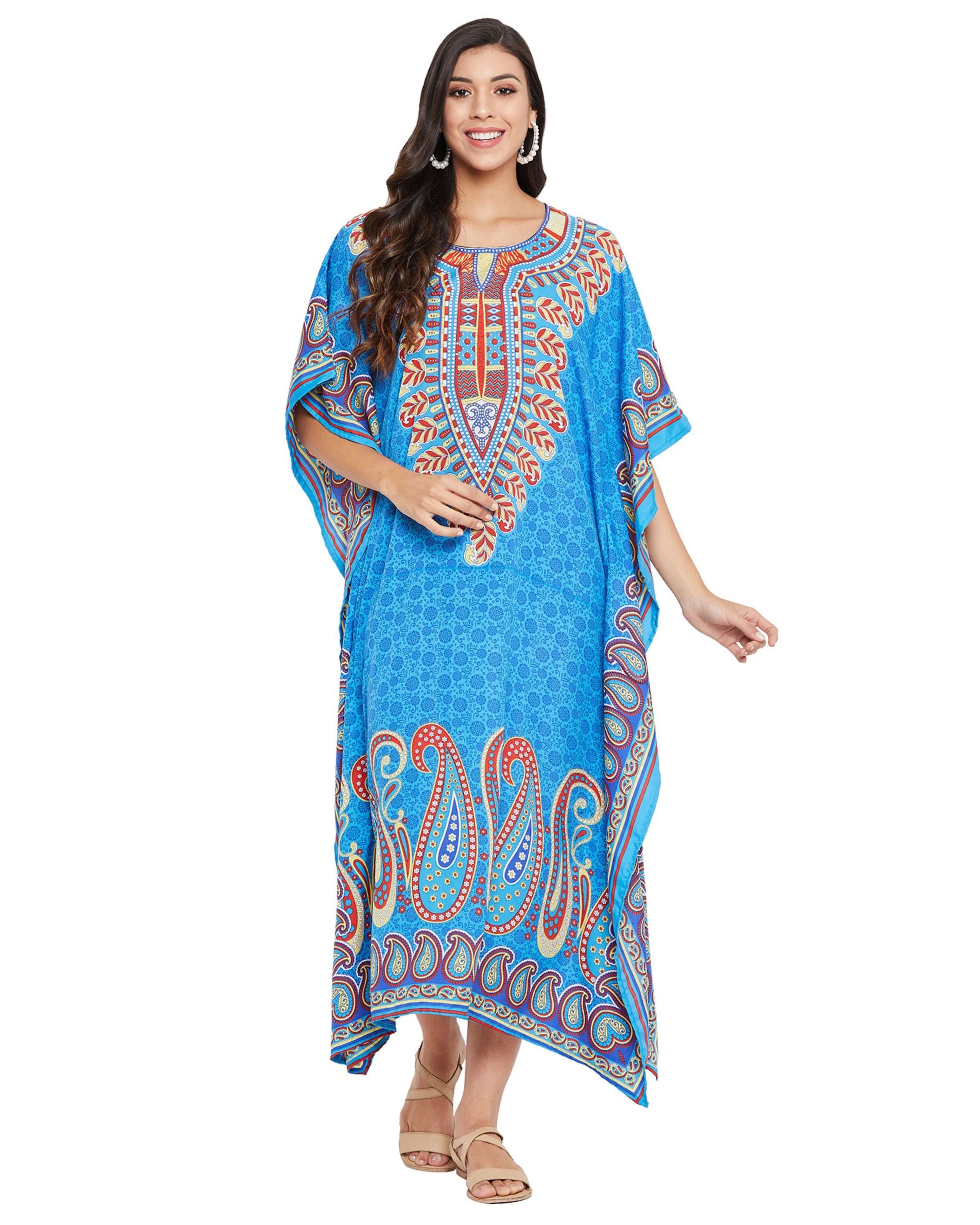 Paisley Printed Sky Blue Plus Size Polyester Kaftan For Women
