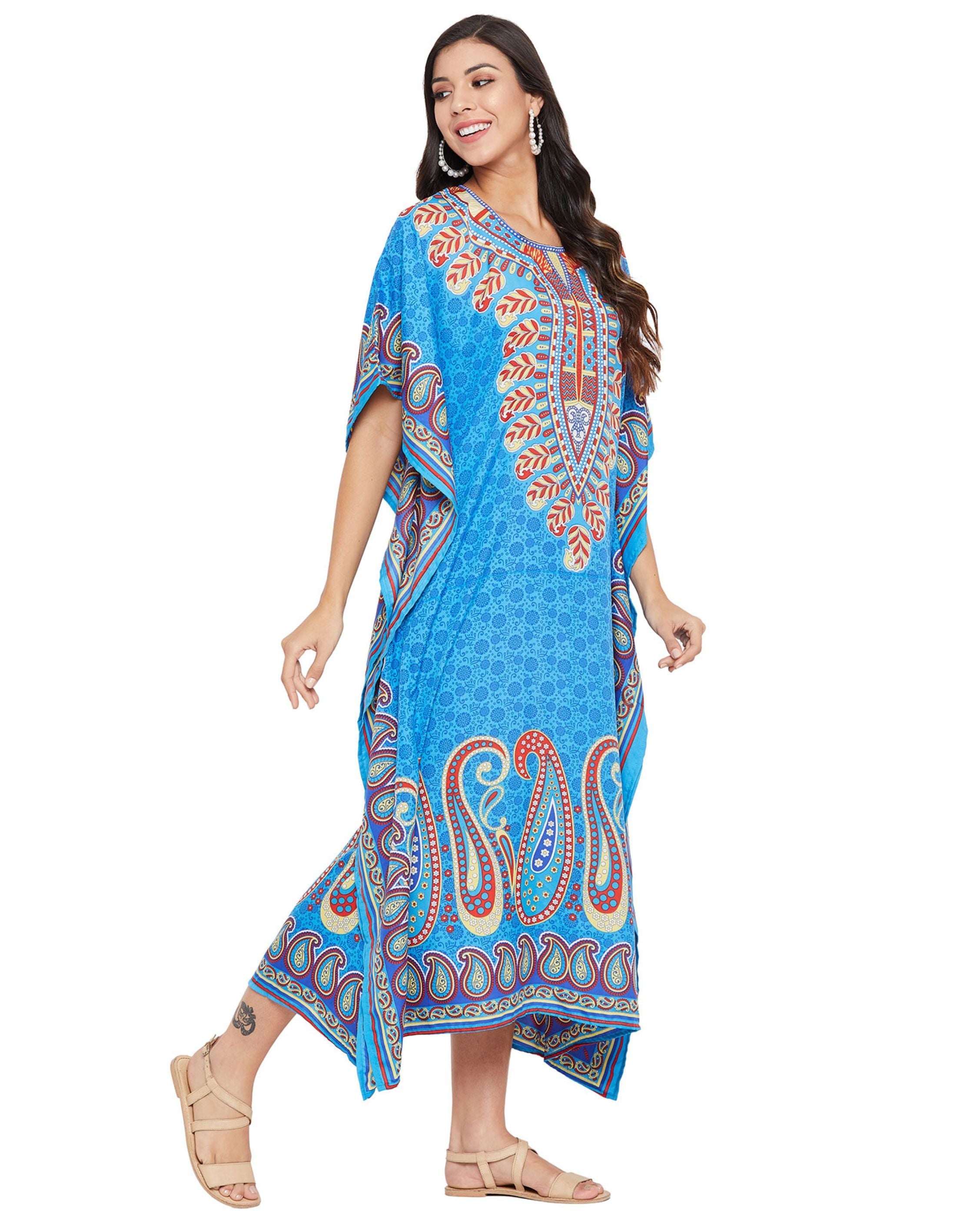 Paisley Printed Sky Blue Plus Size Polyester Kaftan For Women
