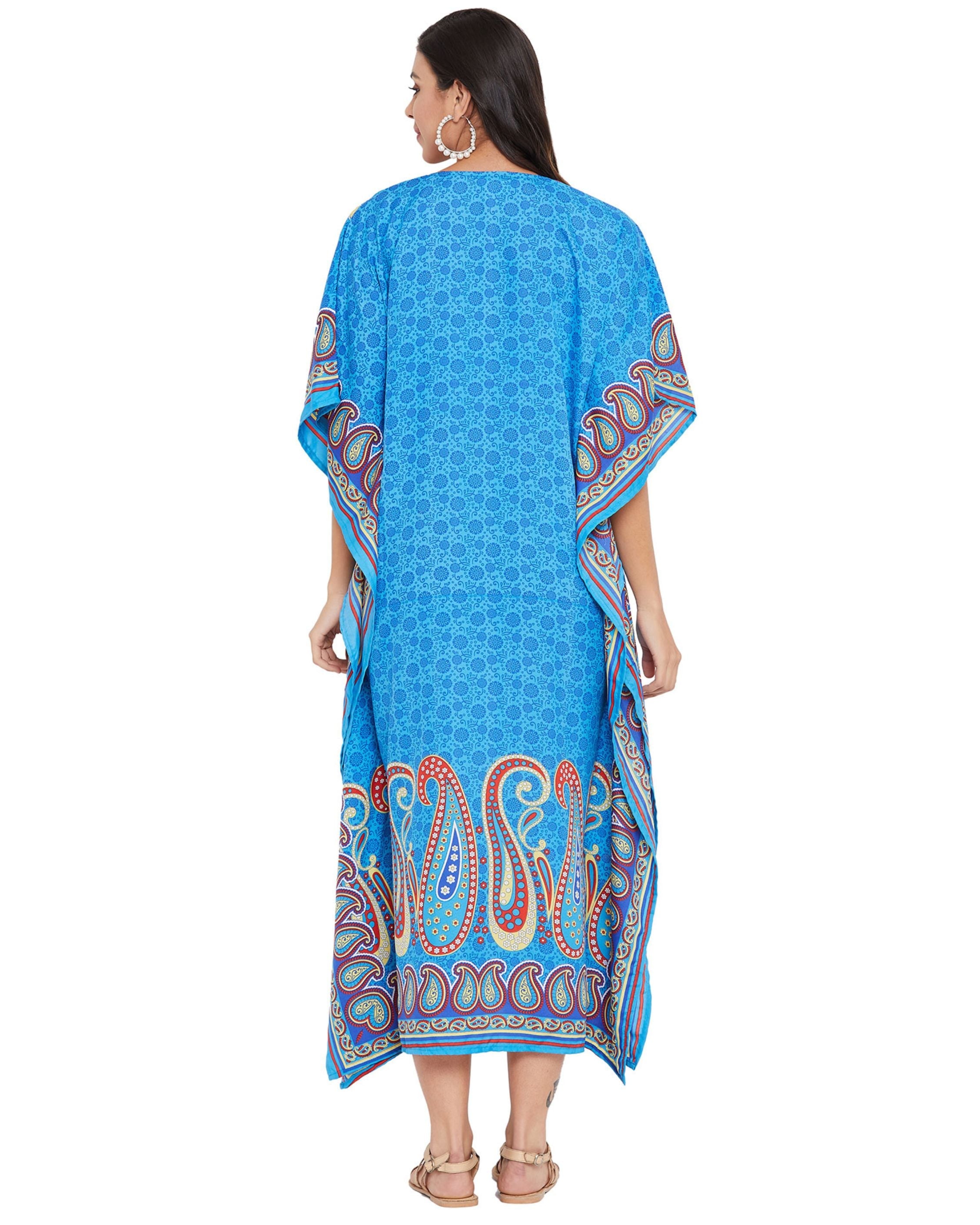 Paisley Printed Sky Blue Plus Size Polyester Kaftan For Women