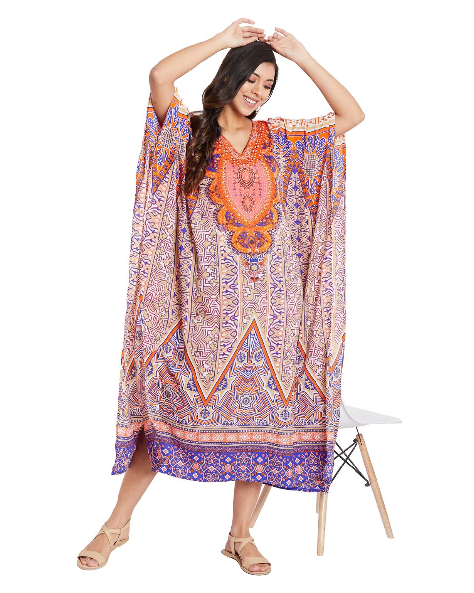 Abstract Printed Multicolor Polyester Kaftan Dress Plus Size For Women