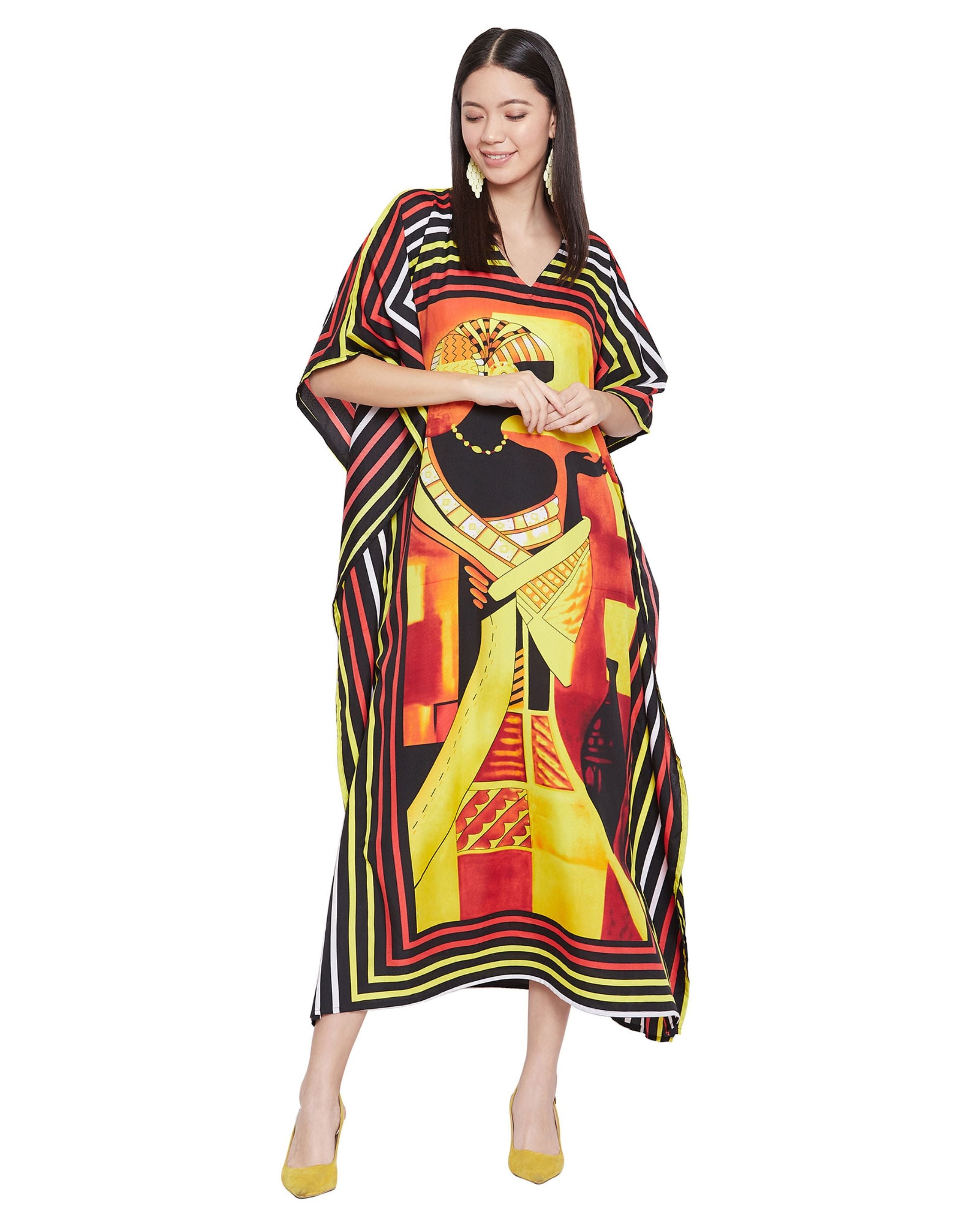 Tribal Print Multicolor Polyester Plus Size Kaftan Dress
