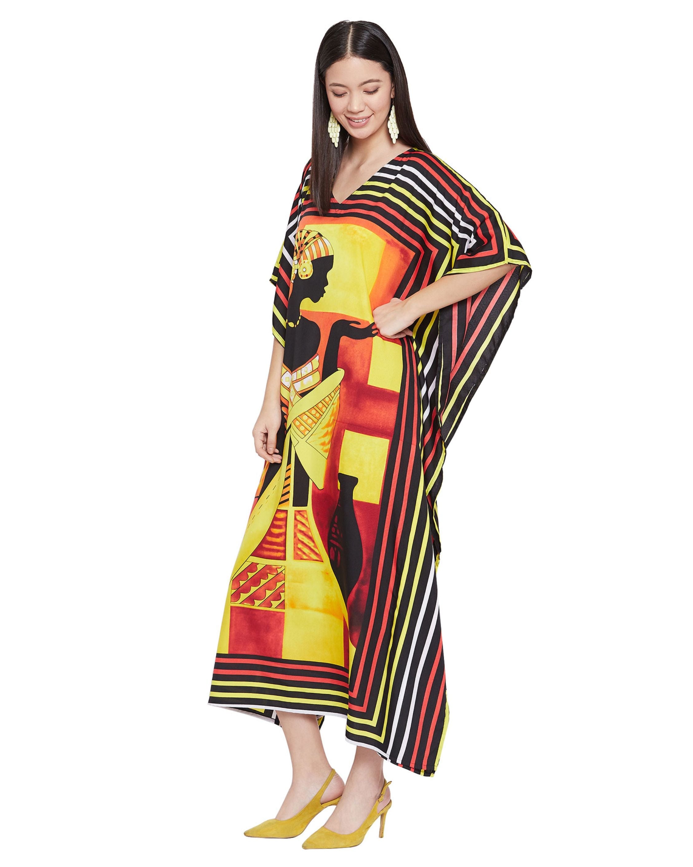 Tribal Print Multicolor Polyester Plus Size Kaftan Dress