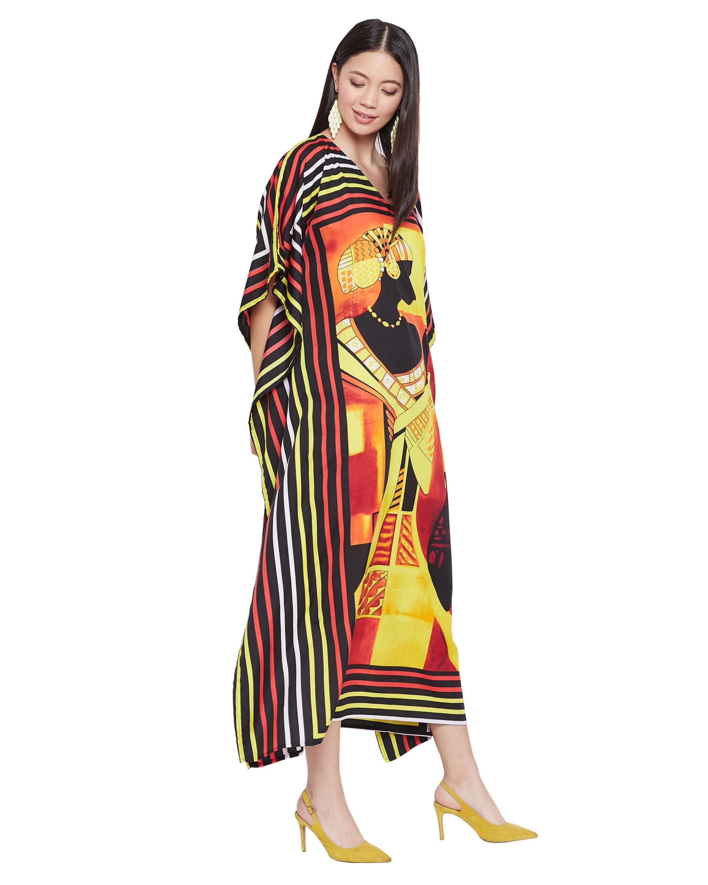 Tribal Print Multicolor Polyester Plus Size Kaftan Dress