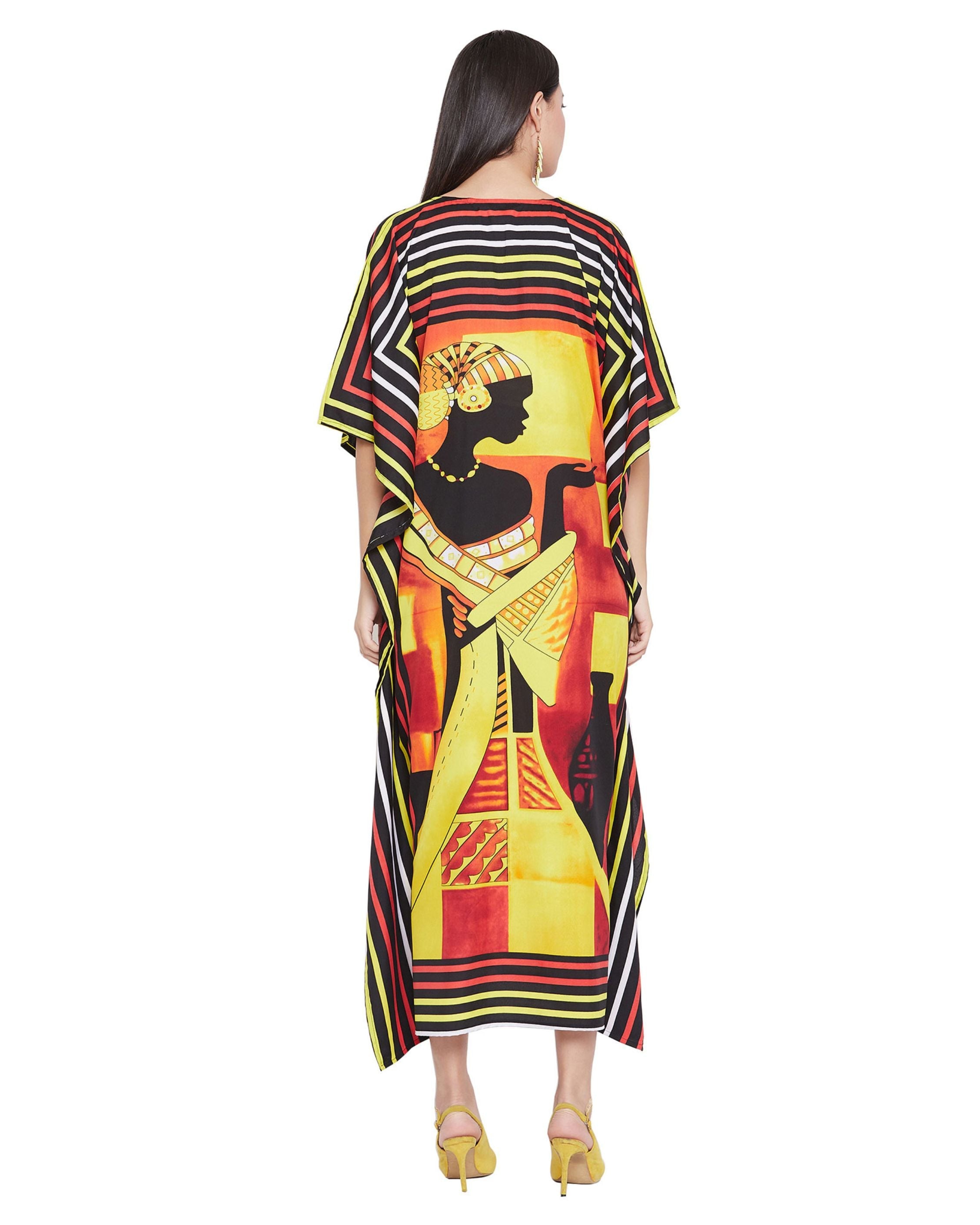 Tribal Print Multicolor Polyester Plus Size Kaftan Dress