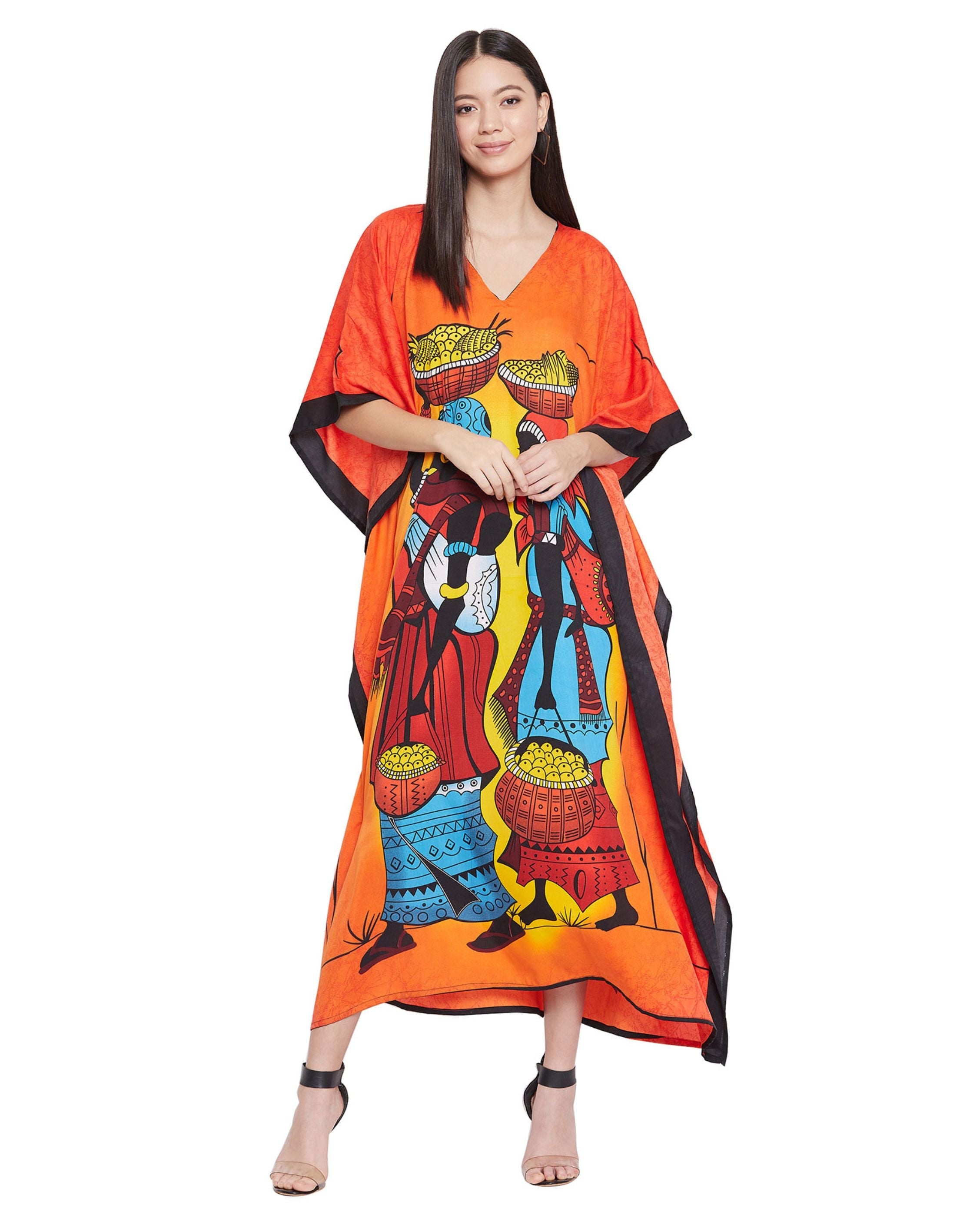 Printed Tribal Orange Polyester Kaftan For Plus Size Women