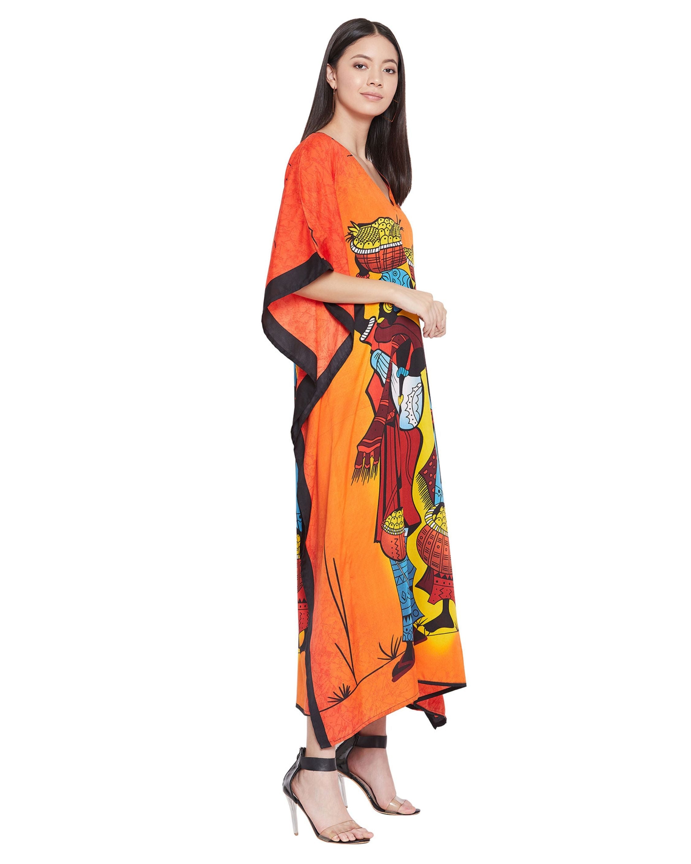 Printed Tribal Orange Polyester Kaftan For Plus Size Women