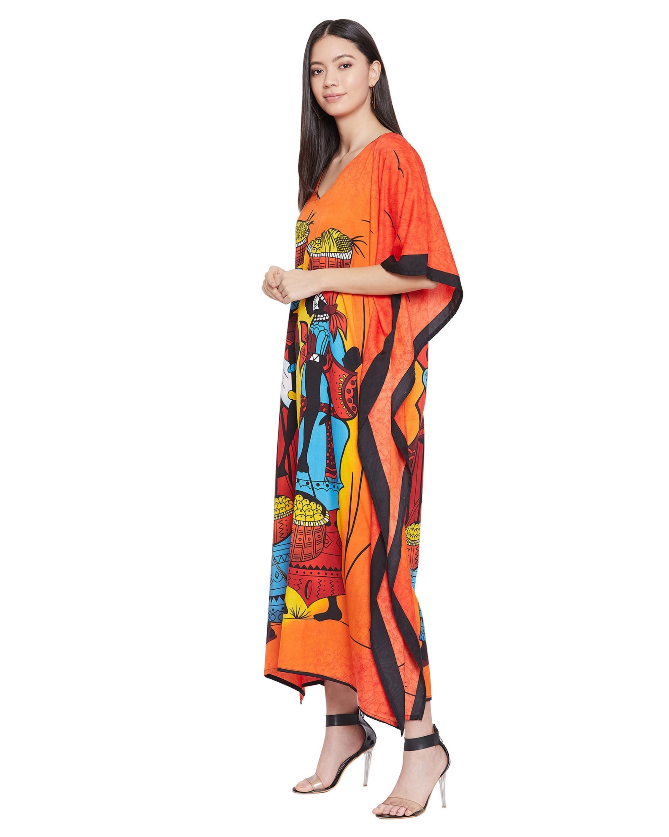 Printed Tribal Orange Polyester Kaftan For Plus Size Women