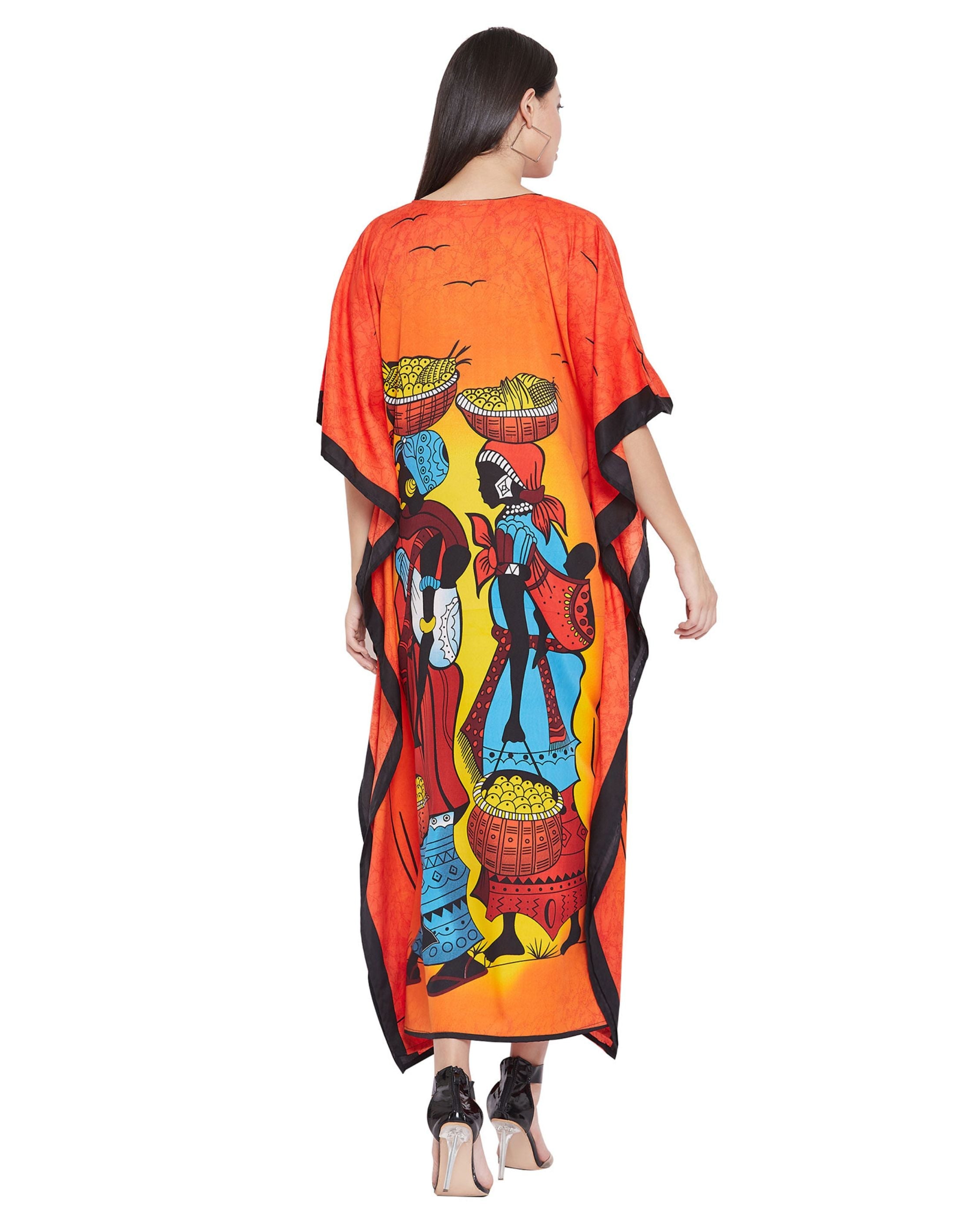 Printed Tribal Orange Polyester Kaftan For Plus Size Women
