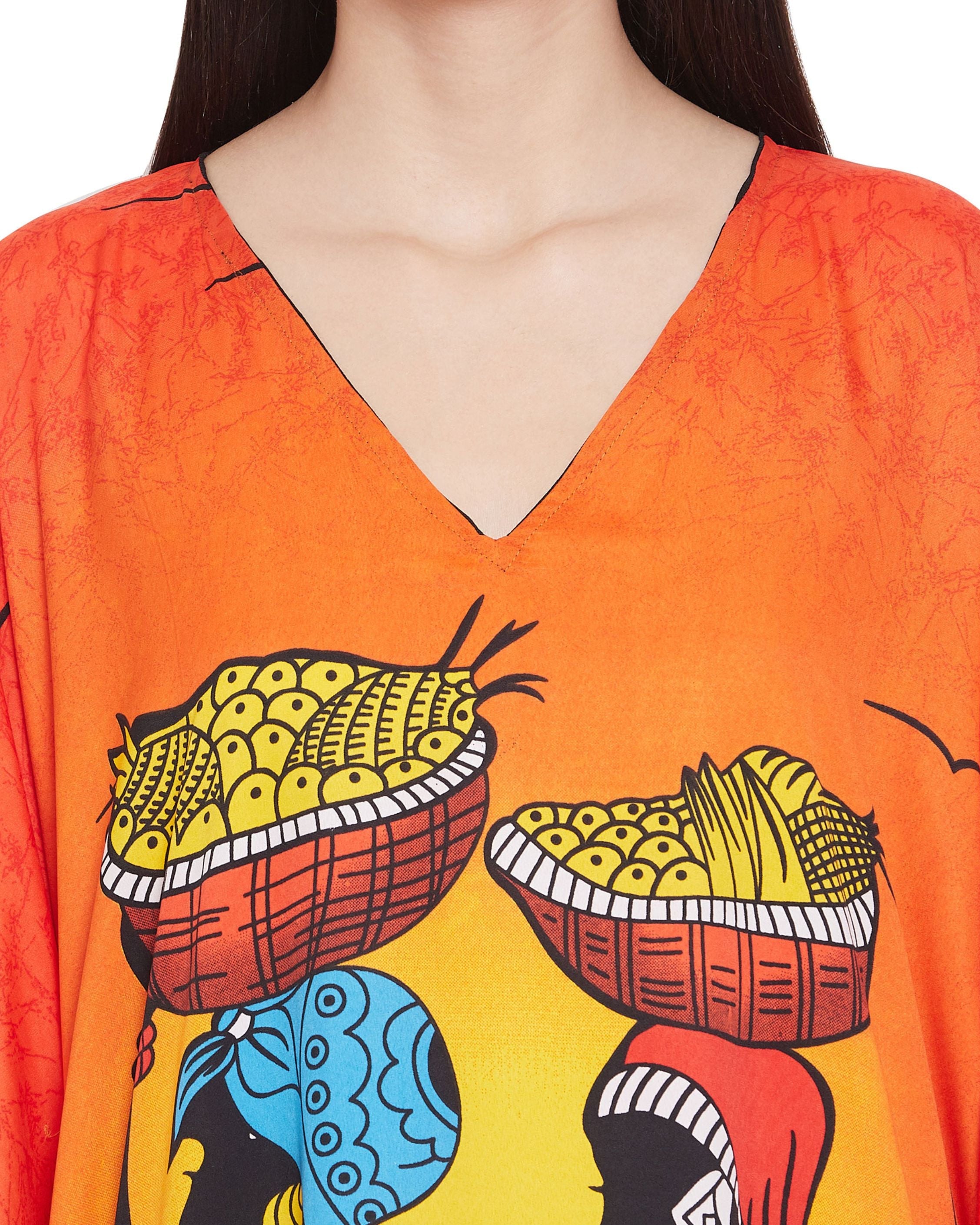 Printed Tribal Orange Polyester Kaftan For Plus Size Women