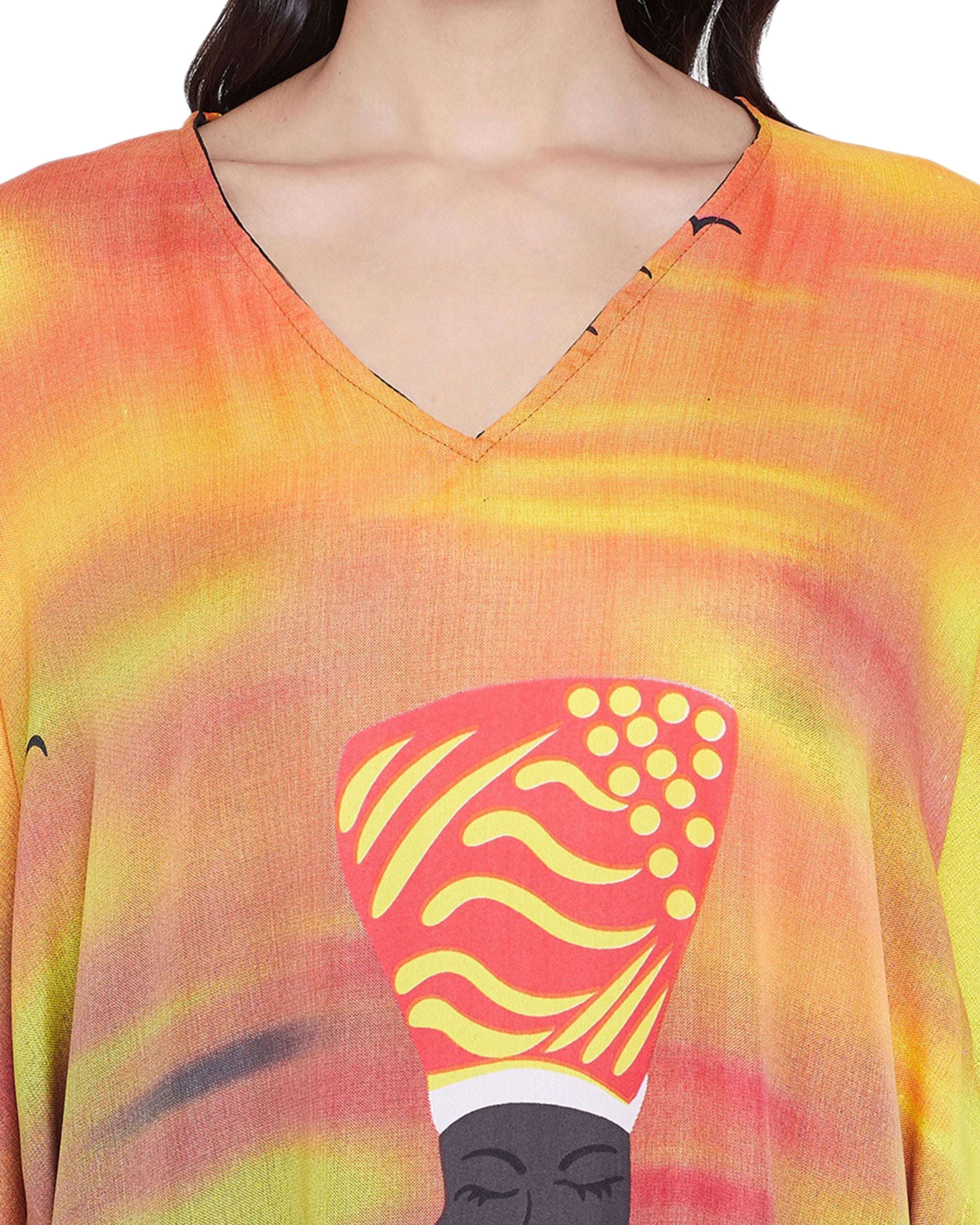 Polyester Kaftan For Plus Size Women Tribal Printed Multicolor