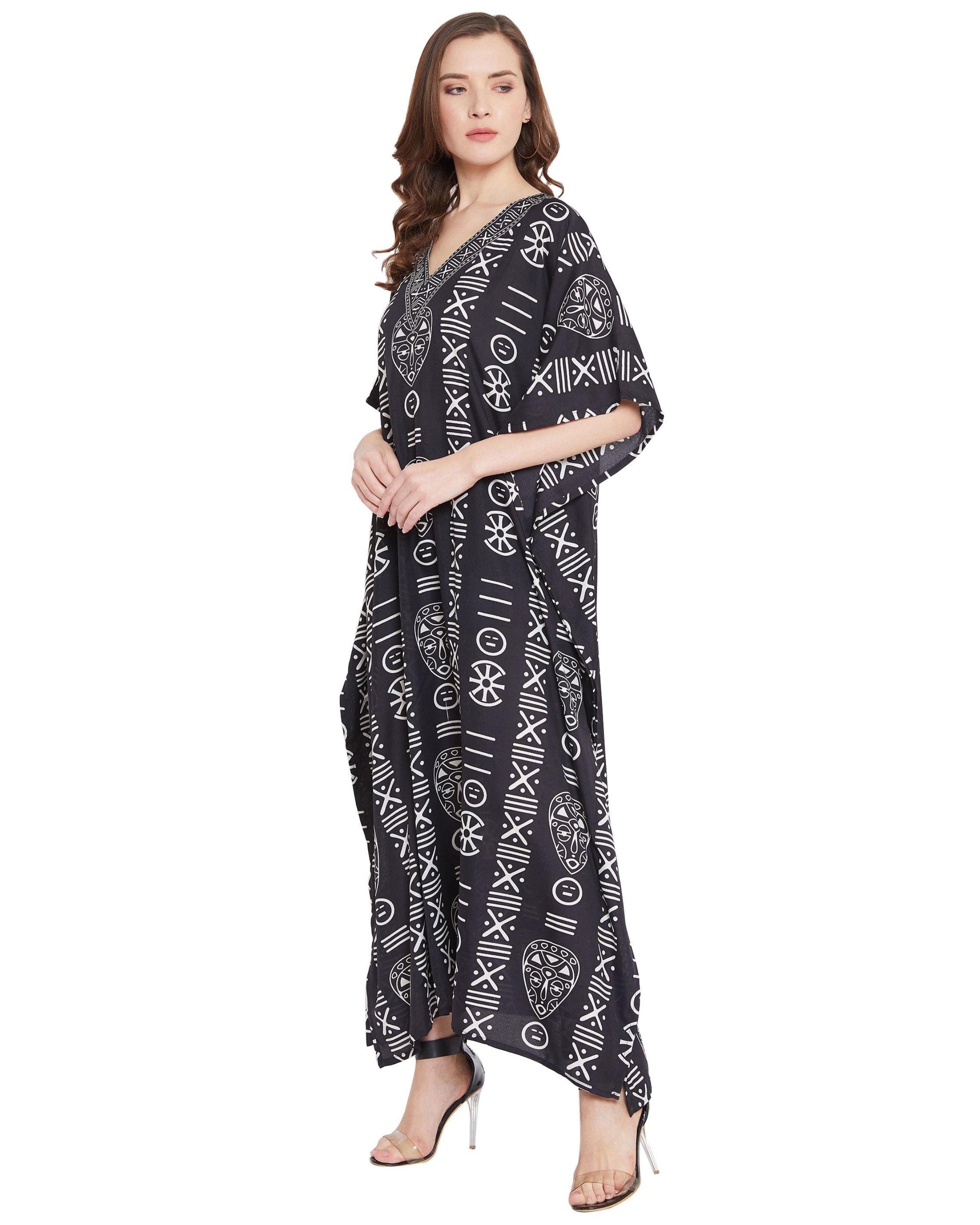 Polyester Black Tribal Printed Plus Size Kaftan For Women