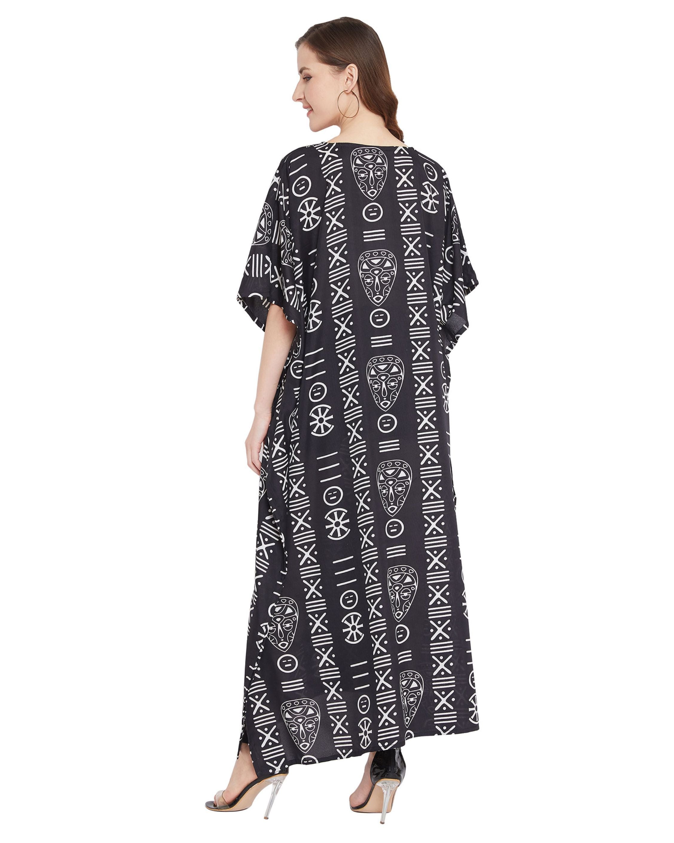 Polyester Black Tribal Printed Plus Size Kaftan For Women