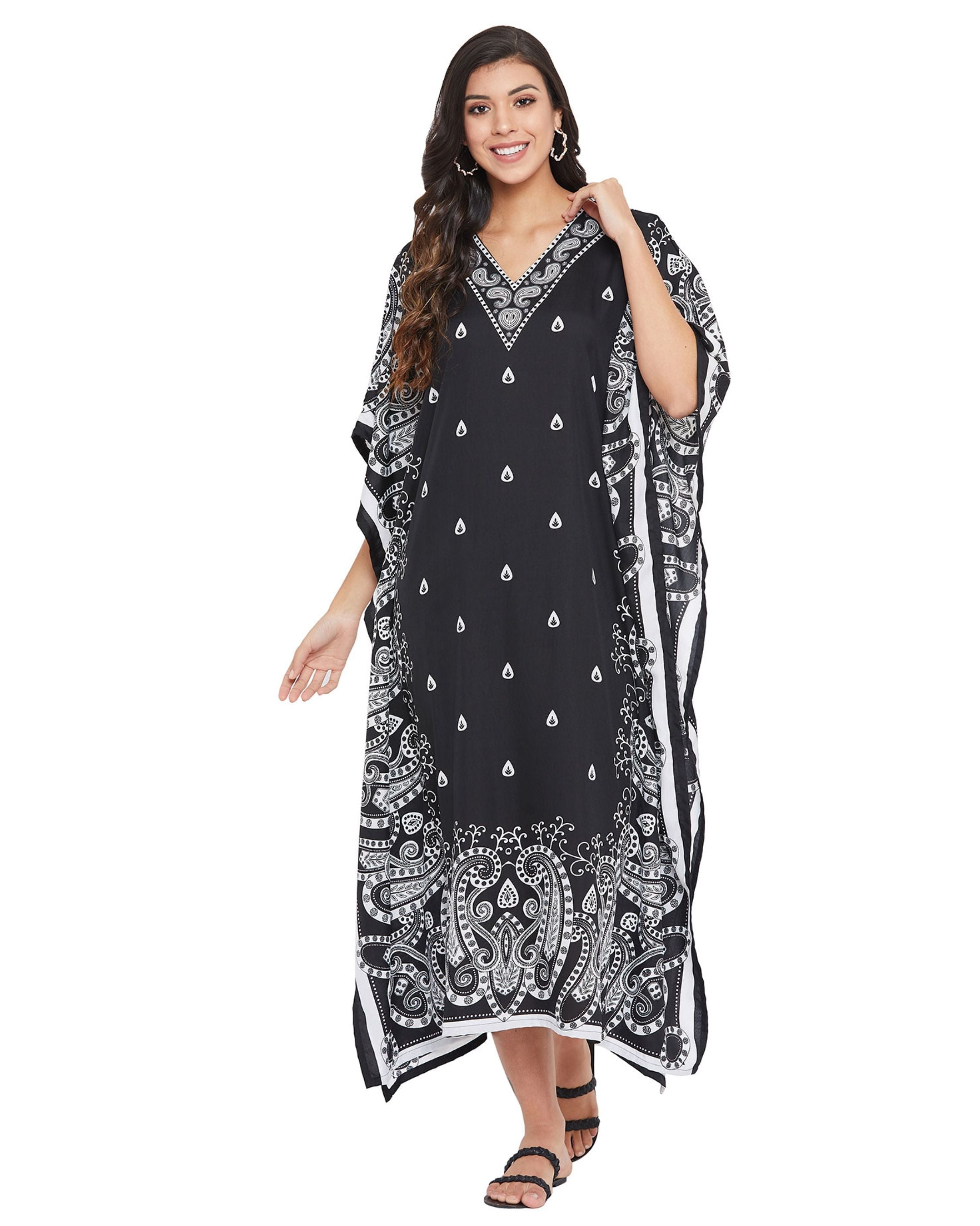 Paisley Printed Black Polyester Plus Size Kaftan Dress For Women