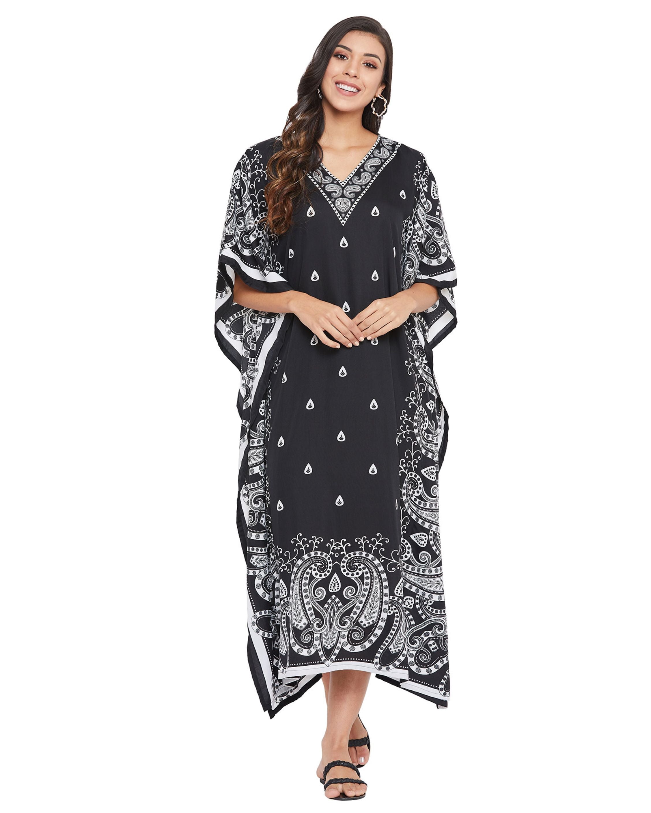 Paisley Printed Black Polyester Plus Size Kaftan Dress For Women