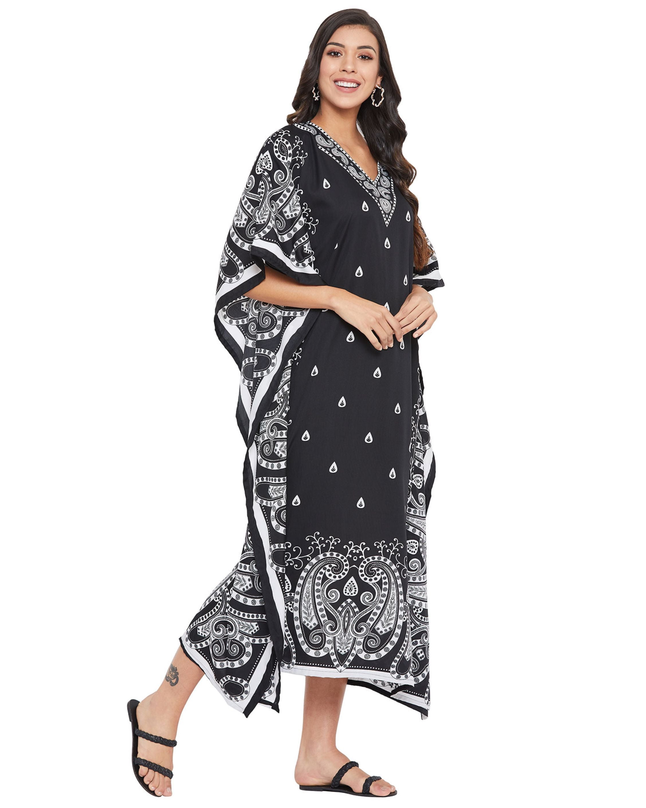 Paisley Printed Black Polyester Plus Size Kaftan Dress For Women