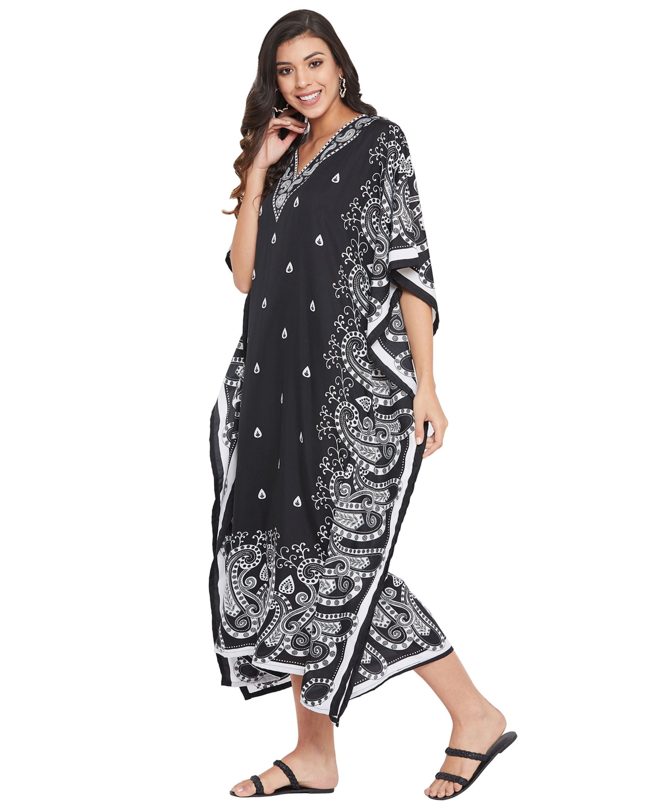 Paisley Printed Black Polyester Plus Size Kaftan Dress For Women