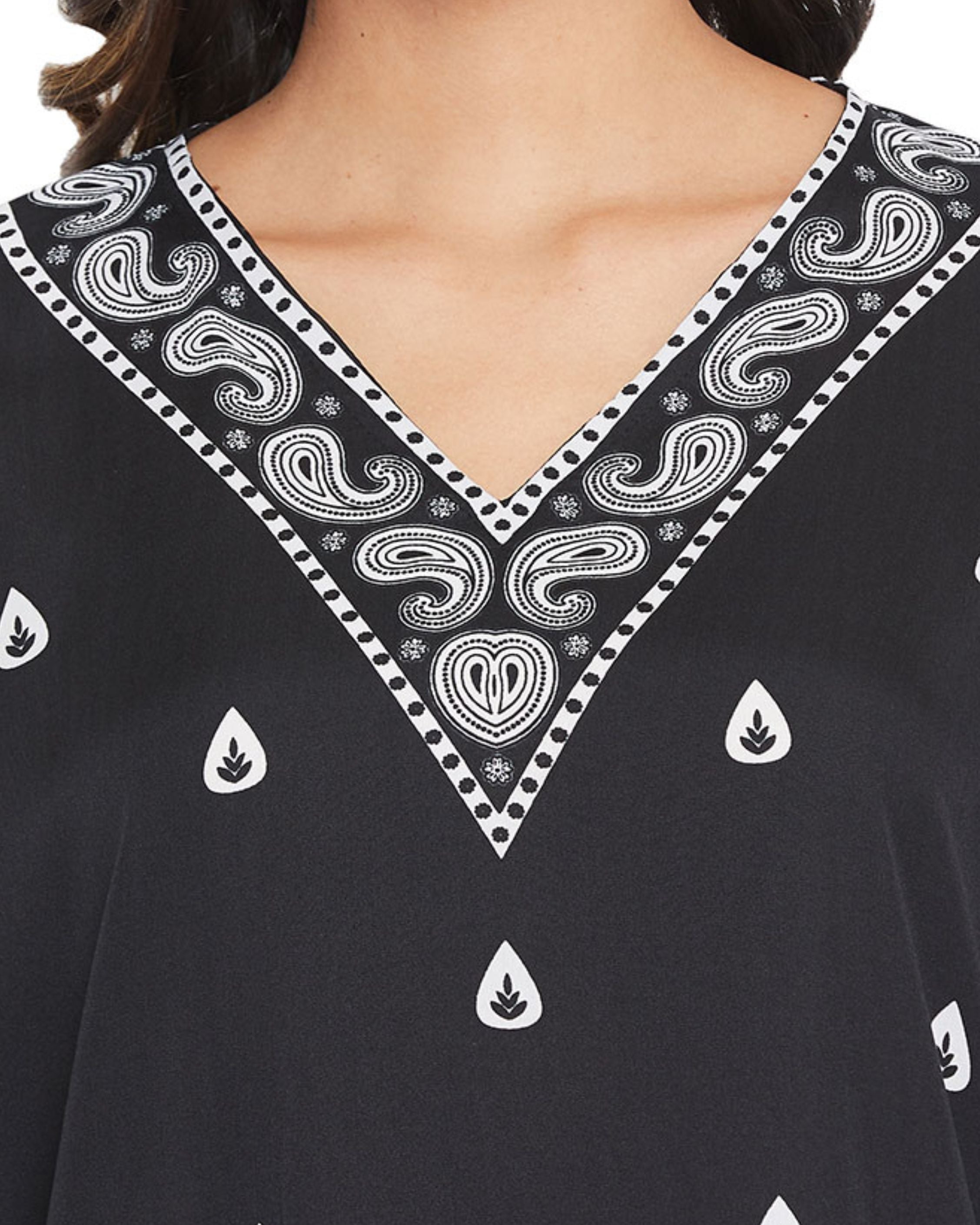 Paisley Printed Black Polyester Plus Size Kaftan Dress For Women