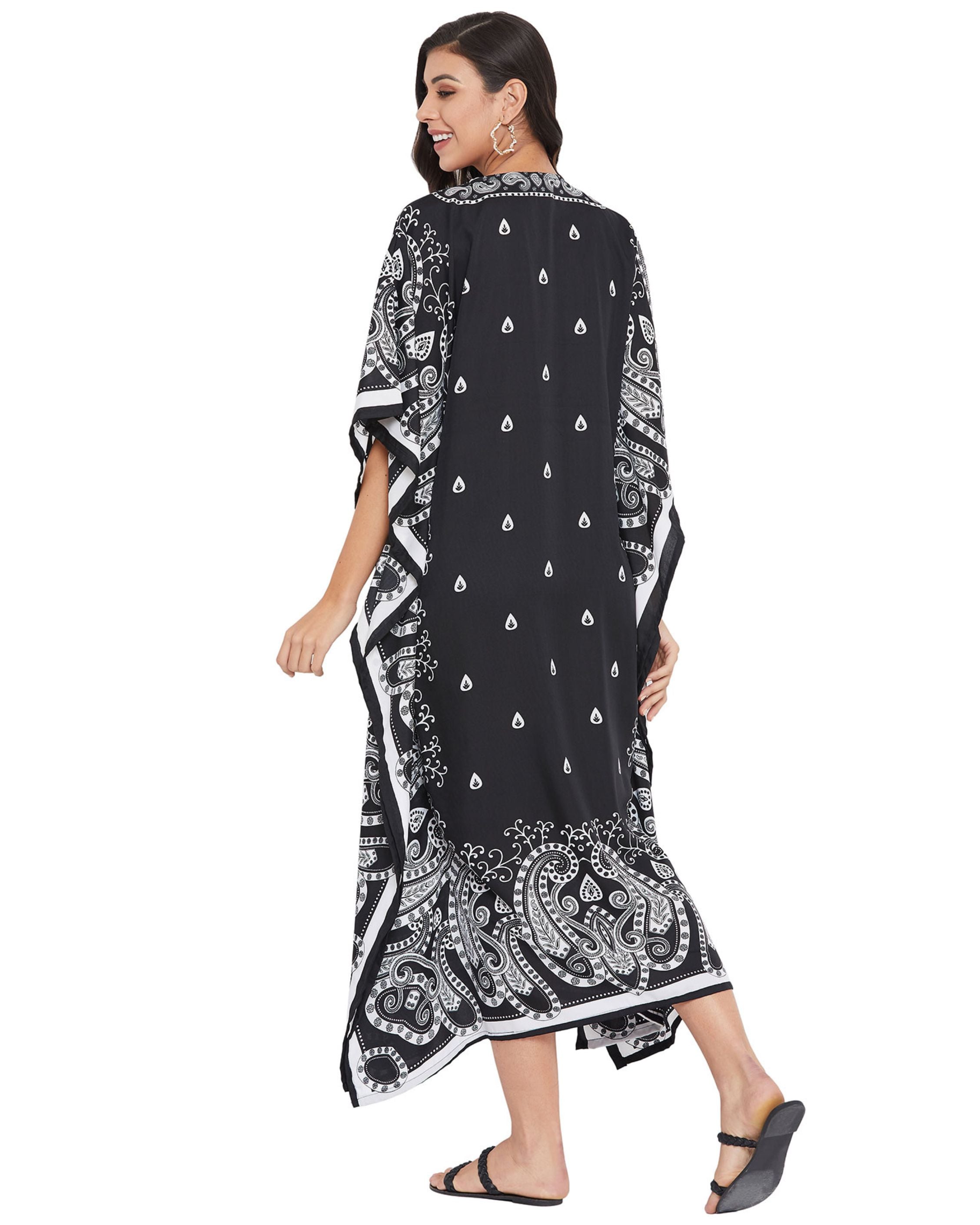 Paisley Printed Black Polyester Plus Size Kaftan Dress For Women