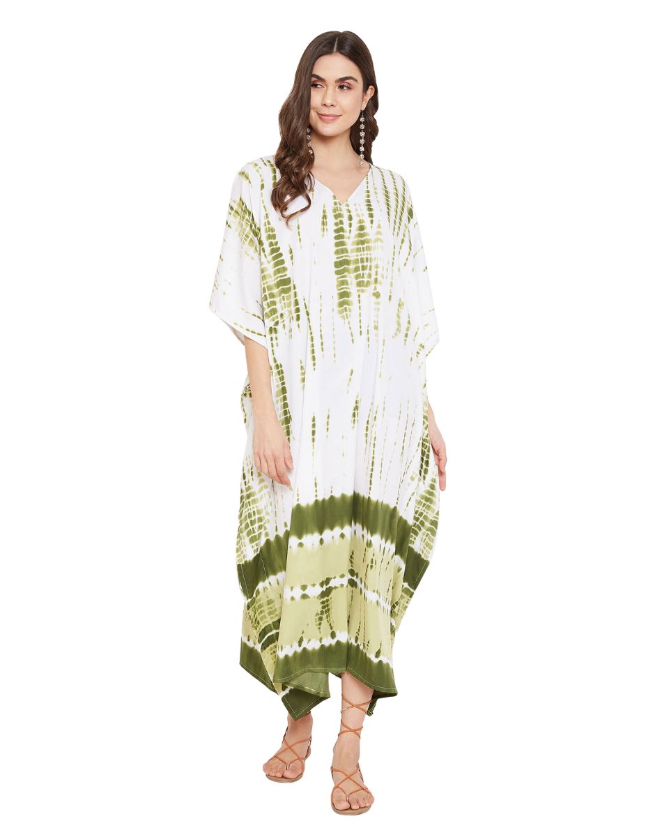 Olive Polyester Kaftan Tie Dye Printed Plus Size Dress For Women