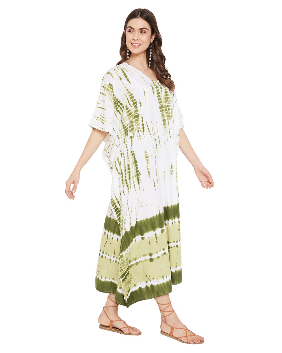 Olive Polyester Kaftan Tie Dye Printed Plus Size Dress For Women
