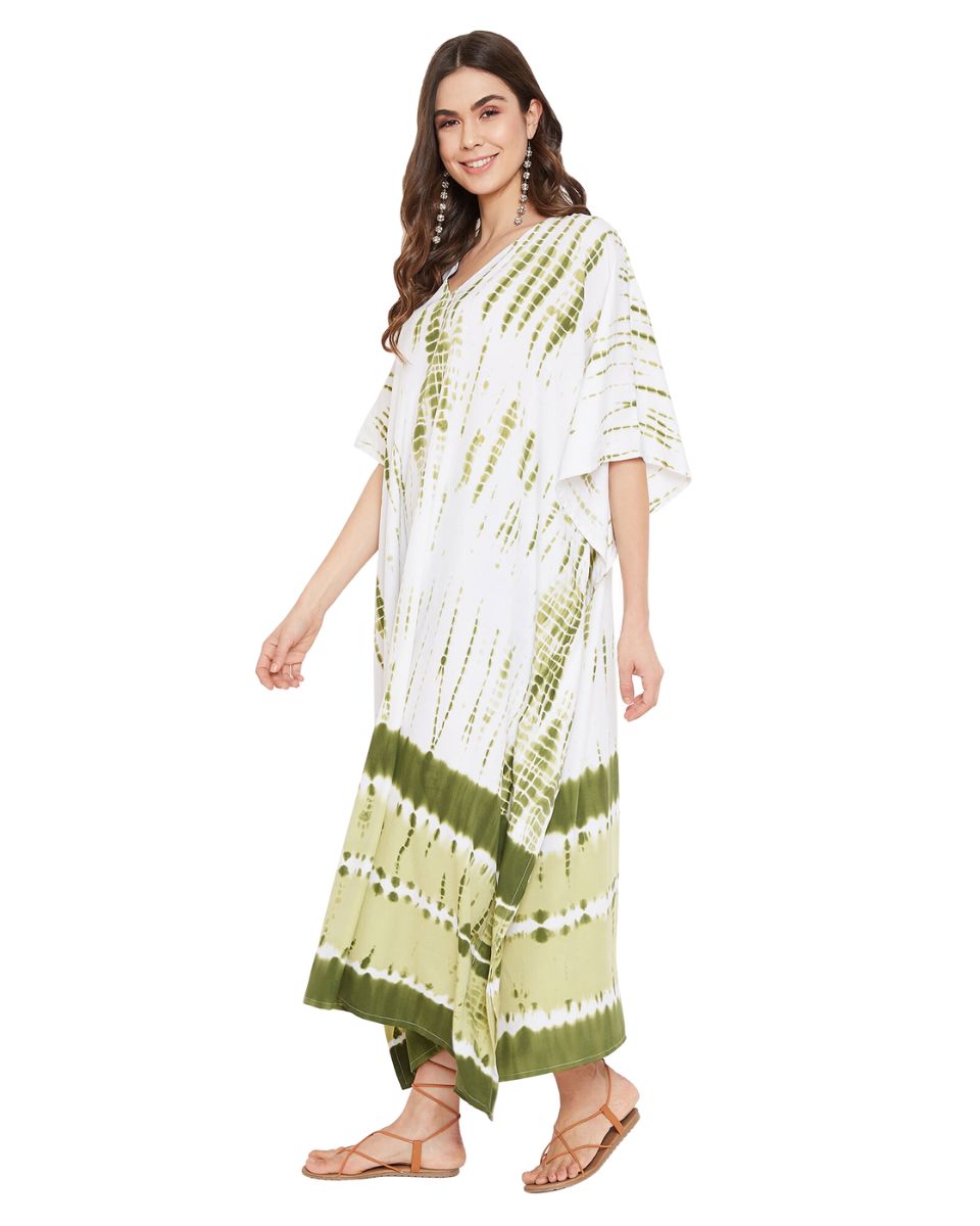 Olive Polyester Kaftan Tie Dye Printed Plus Size Dress For Women