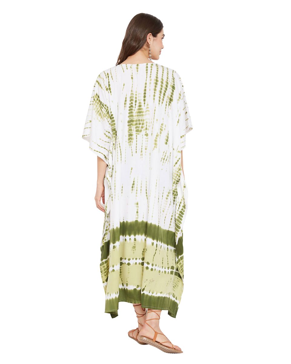 Olive Polyester Kaftan Tie Dye Printed Plus Size Dress For Women