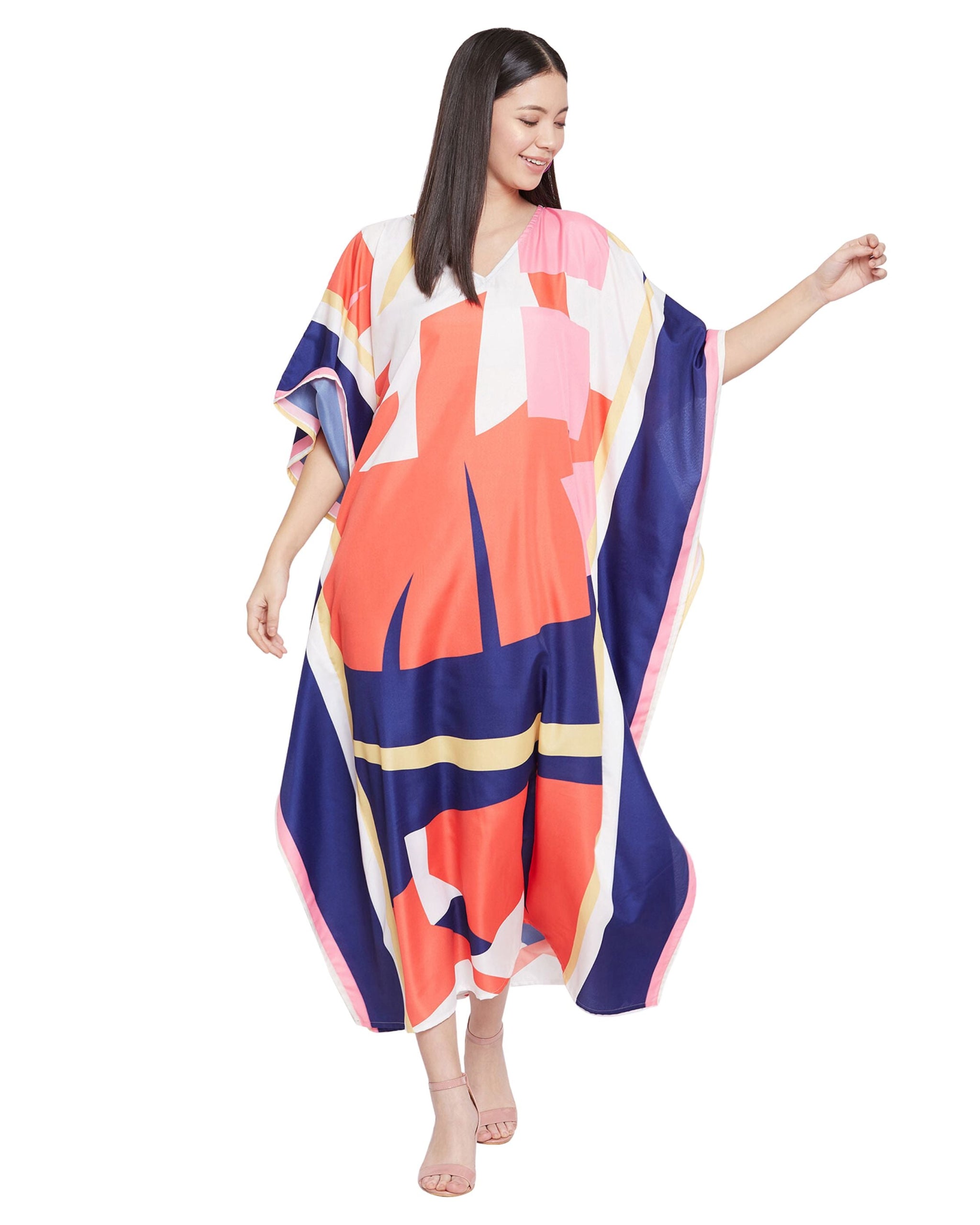 Geometric Printed Black Polyester Kaftan Plus Size Dress For Women