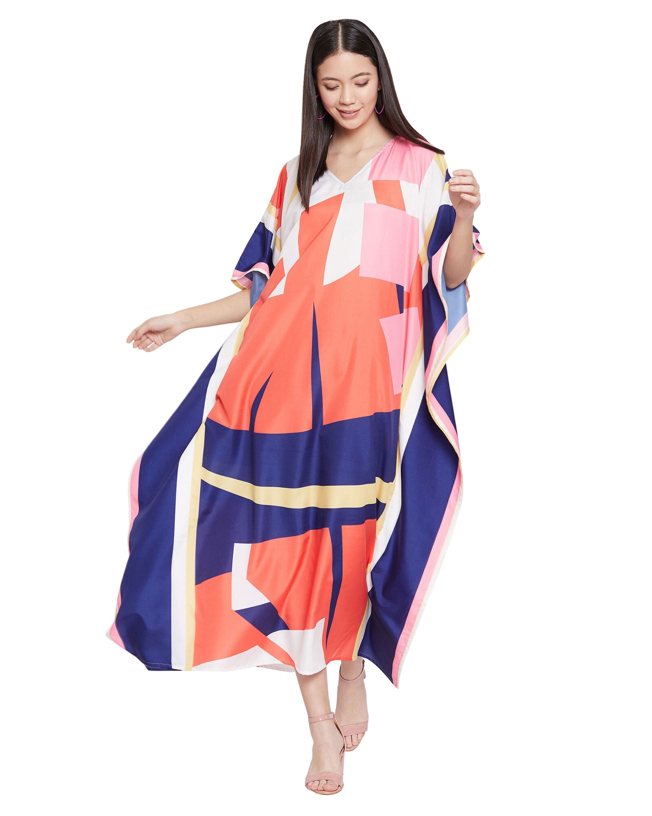 Abstract Printed Multicolor Polyester Kaftan For Plus Size Women