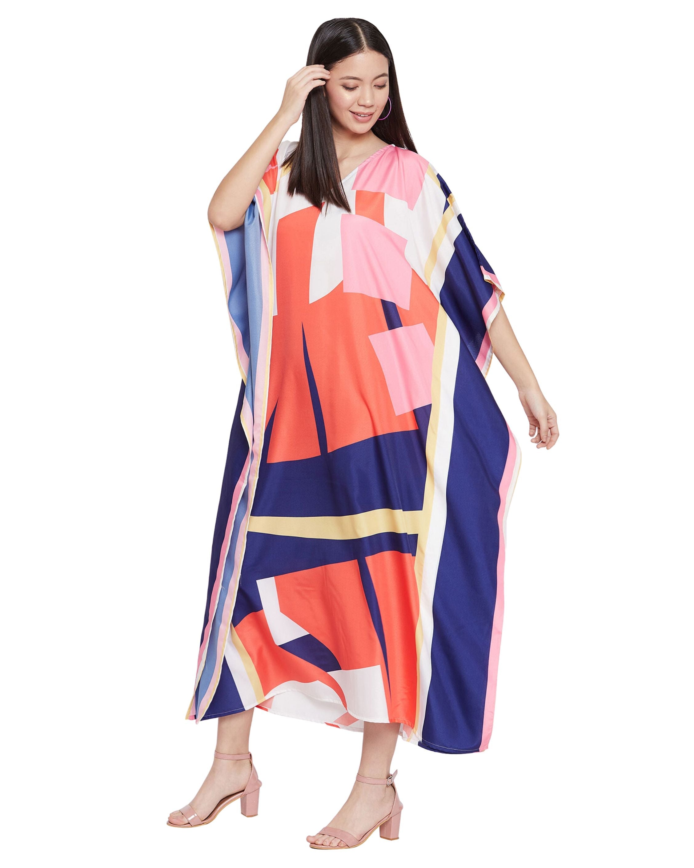 Abstract Printed Multicolor Polyester Kaftan For Plus Size Women
