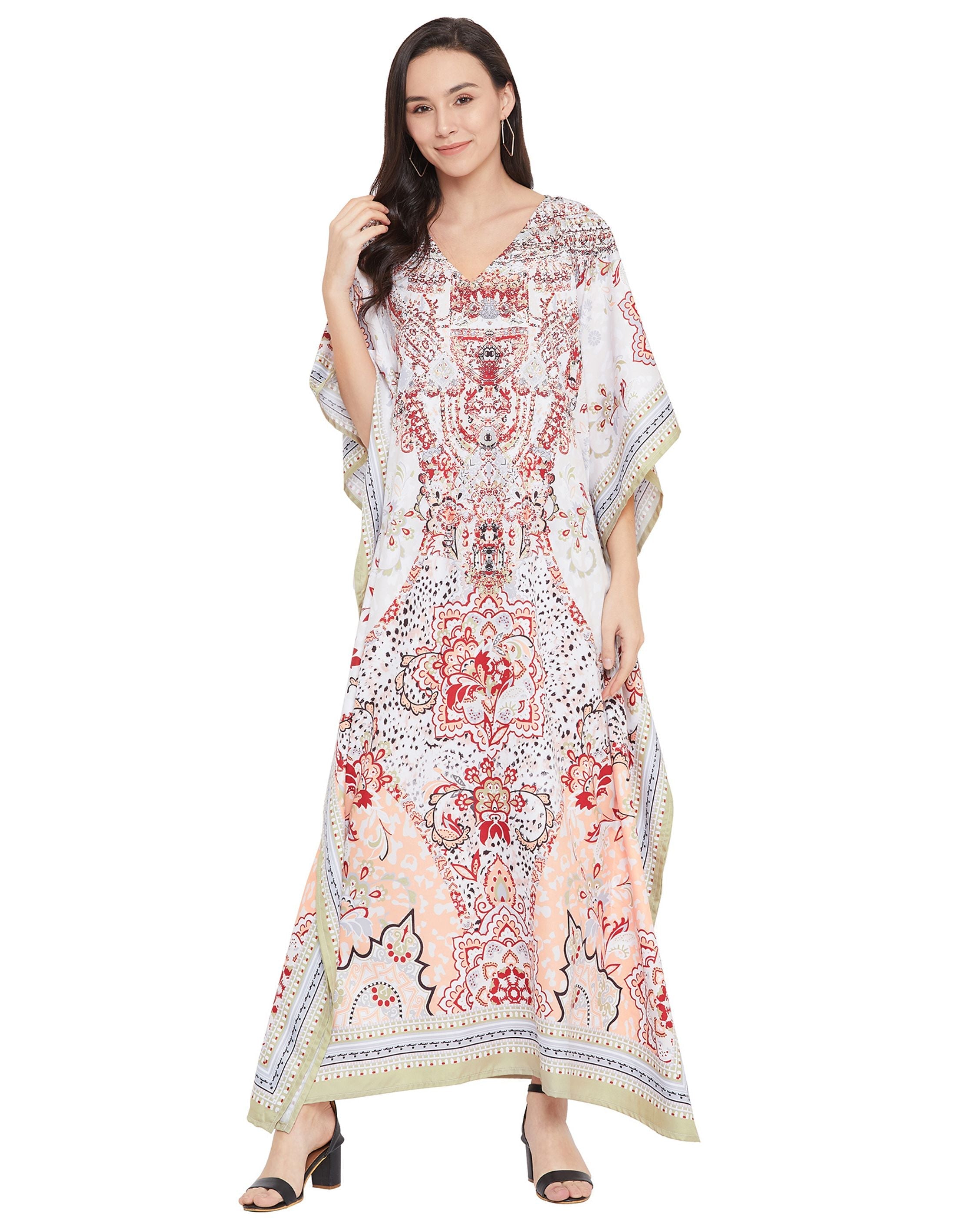 Floral Printed White Polyester Plus Size Kaftan Dress For Women