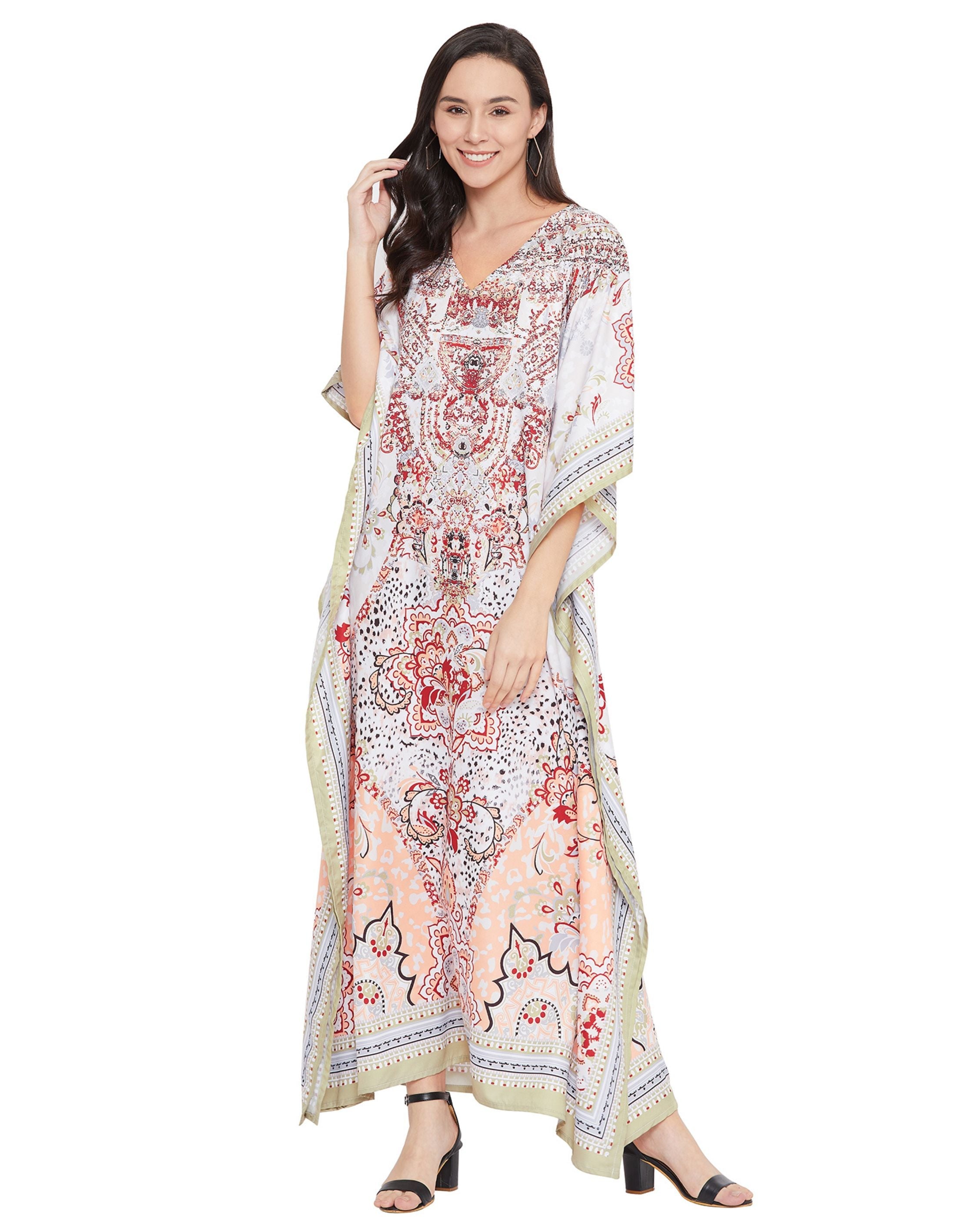 Floral Printed White Polyester Plus Size Kaftan Dress For Women