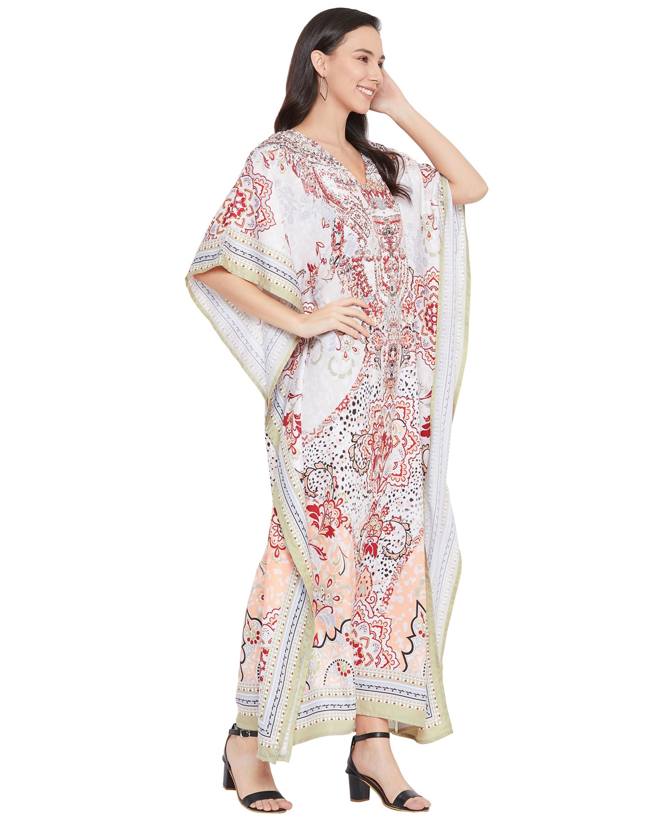 Floral Printed White Polyester Plus Size Kaftan Dress For Women