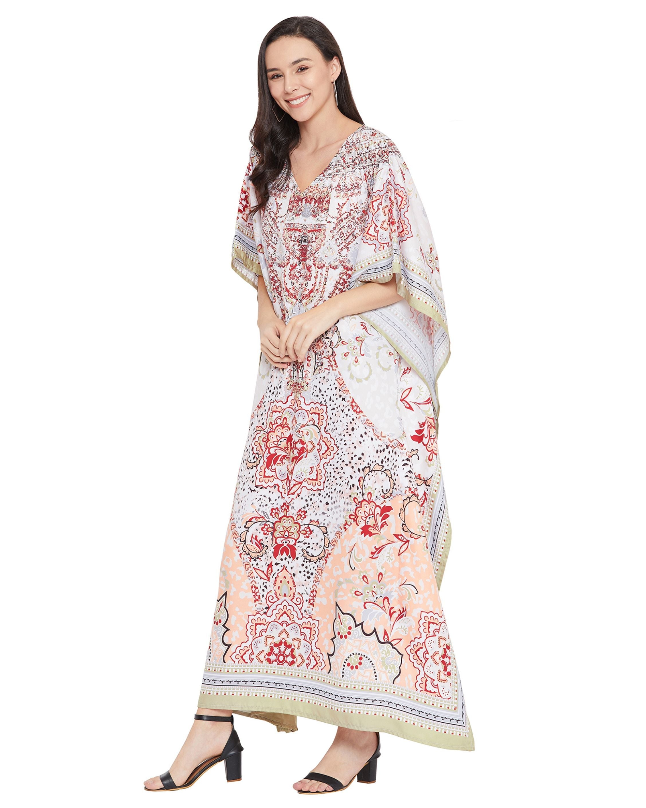 Floral Printed White Polyester Plus Size Kaftan Dress For Women