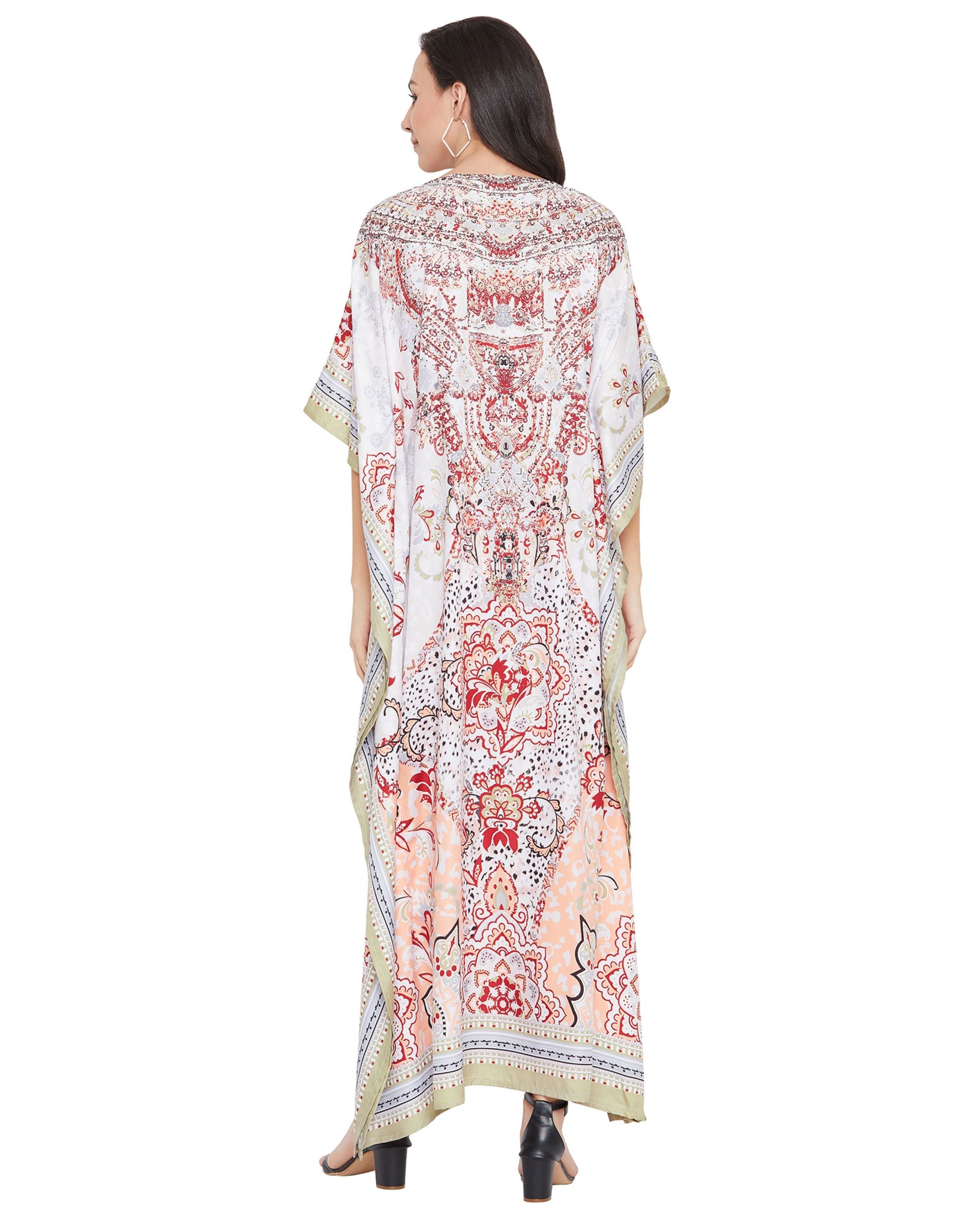 Floral Printed White Polyester Plus Size Kaftan Dress For Women