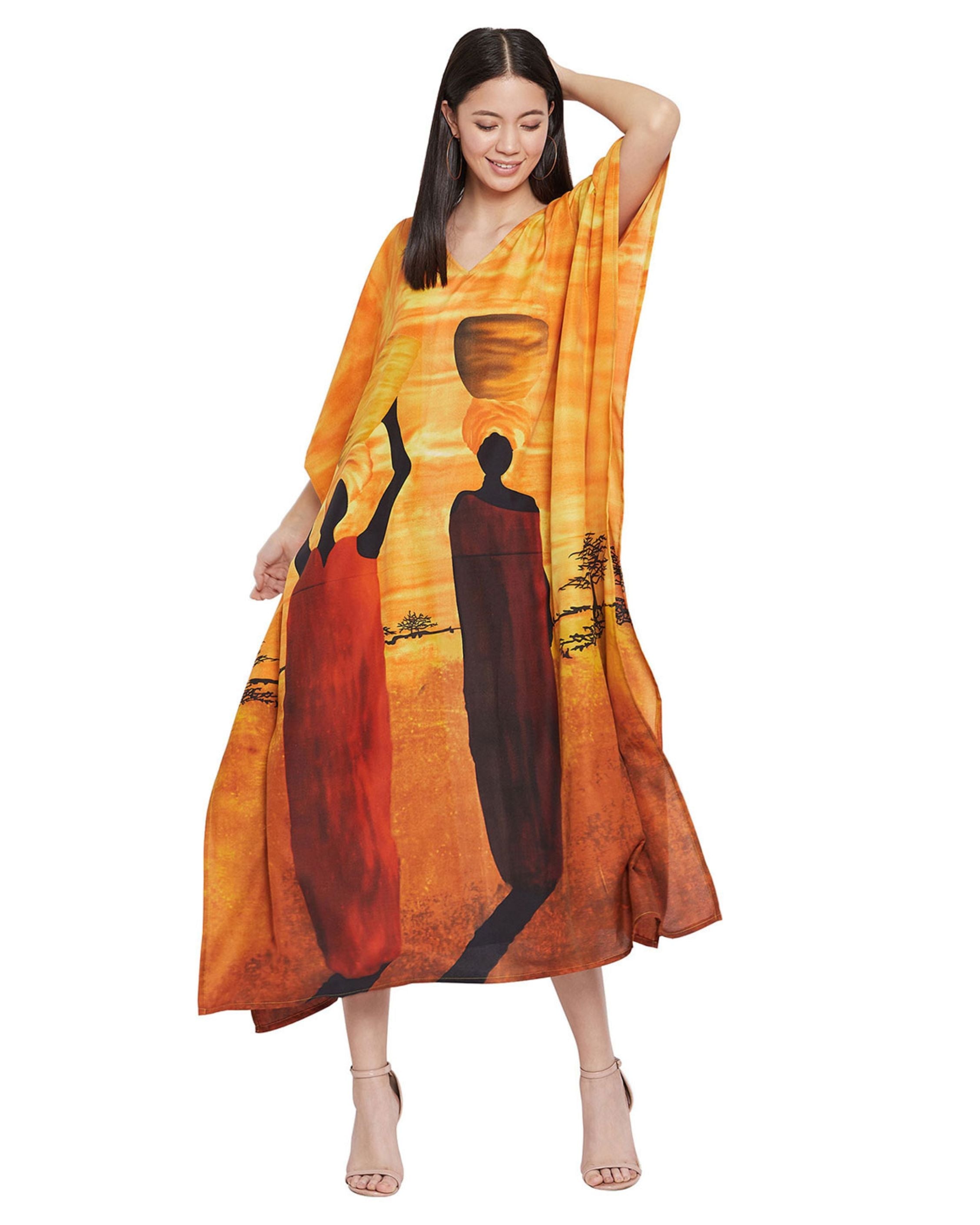 Tribal Yellow Polyester Kaftan For Plus Size Women