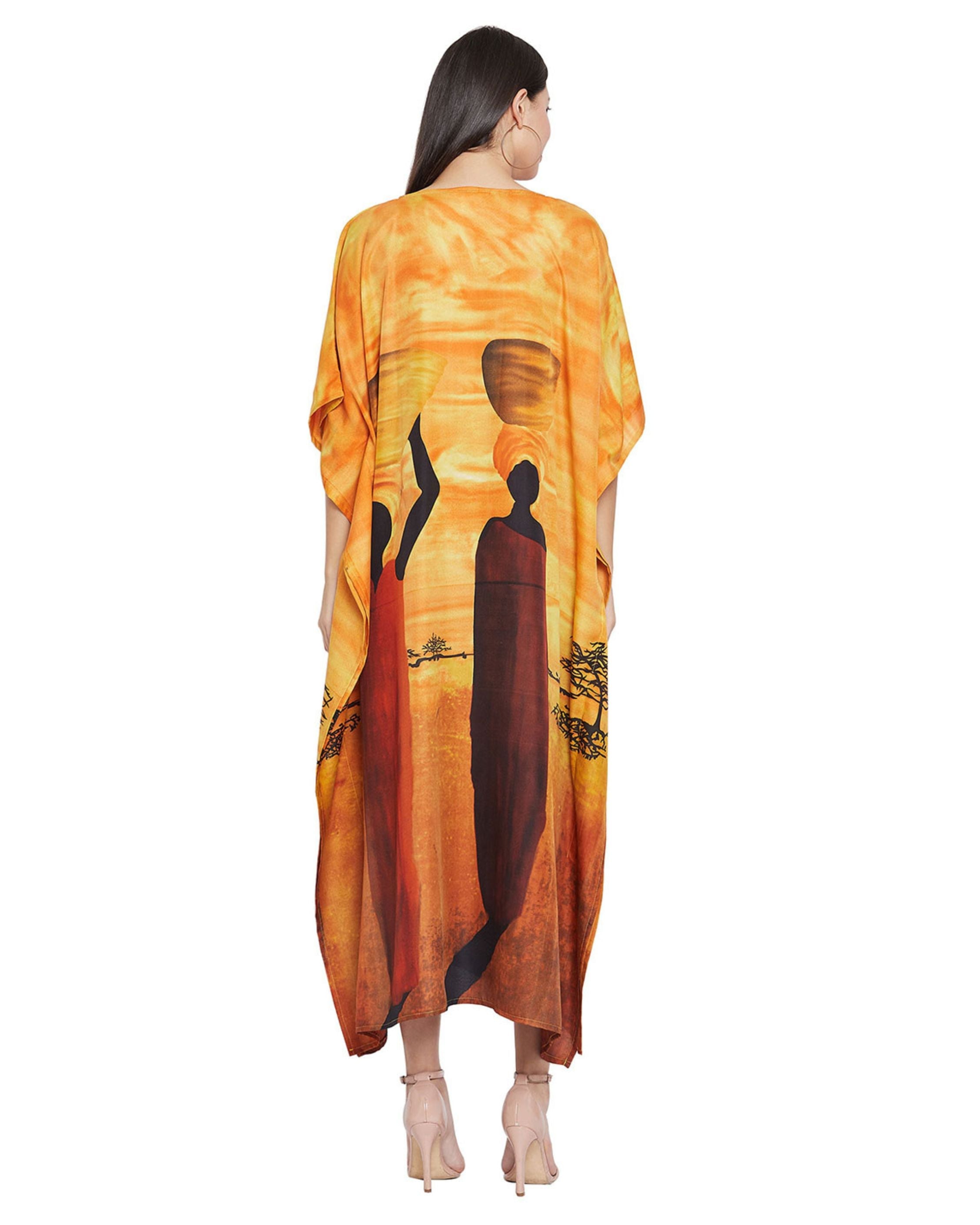 Tribal Yellow Polyester Kaftan For Plus Size Women