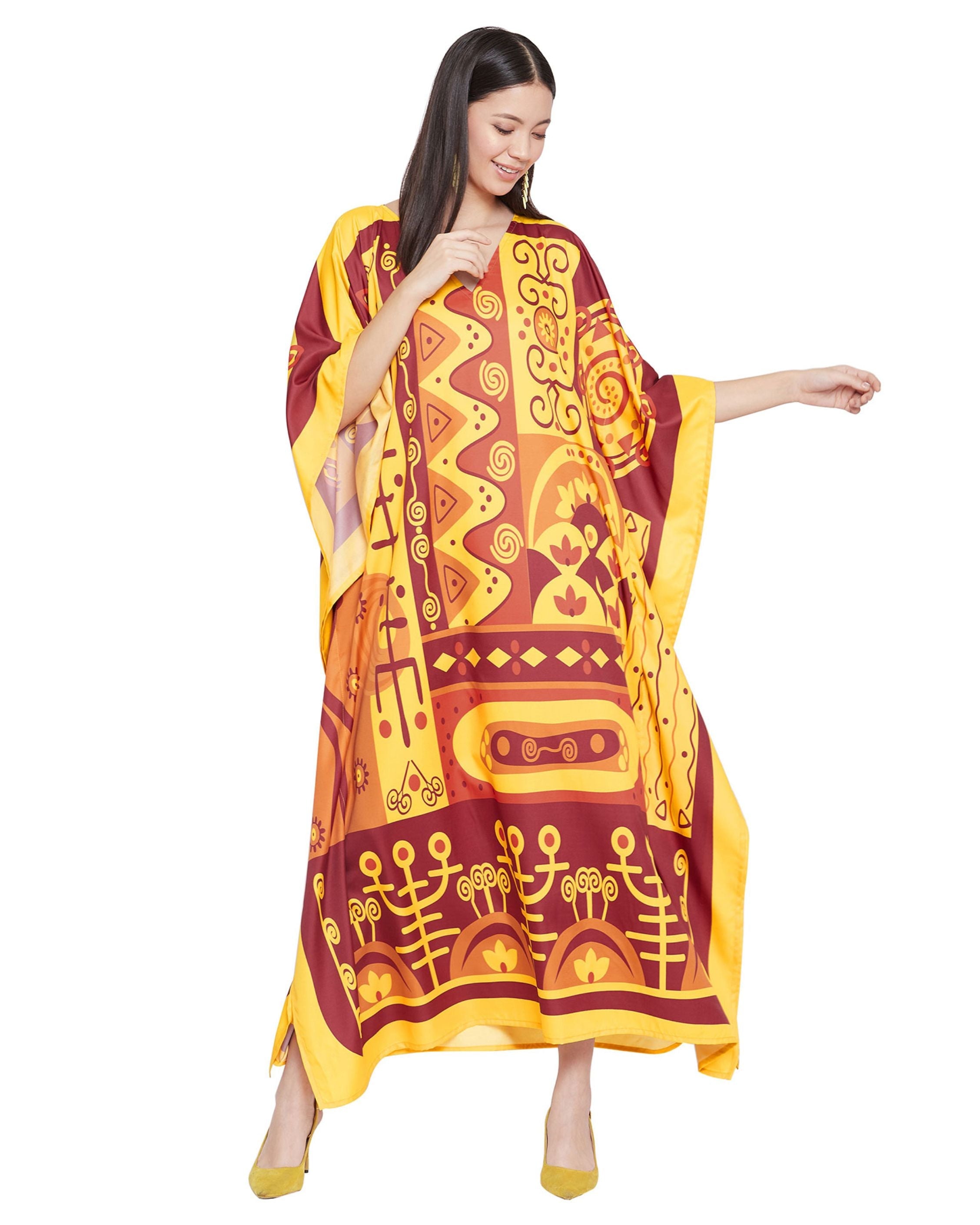 Women Plus Size Dress Tribal Printed Yellow Polyester Kaftan
