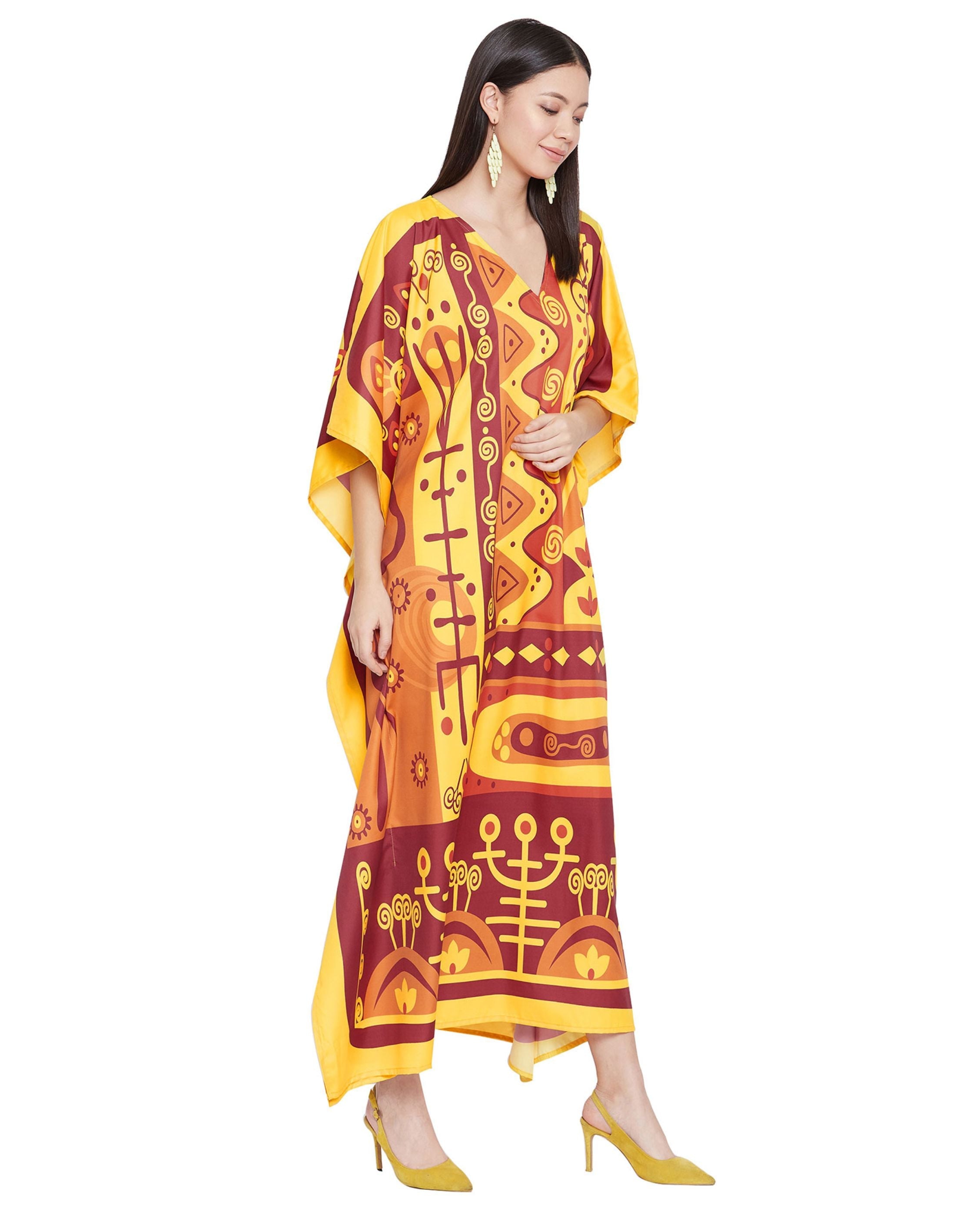 Women Plus Size Dress Tribal Printed Yellow Polyester Kaftan