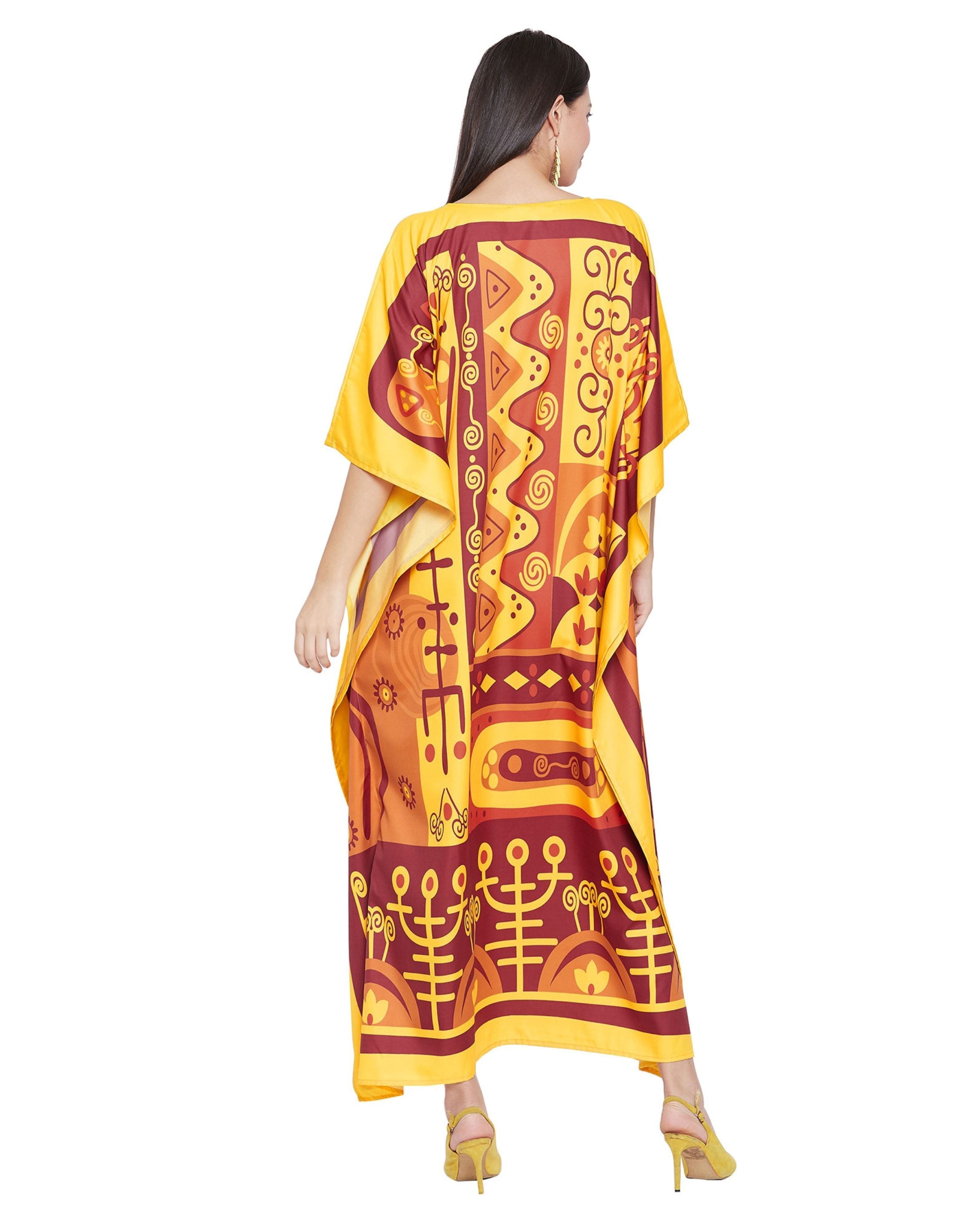 Women Plus Size Dress Tribal Printed Yellow Polyester Kaftan