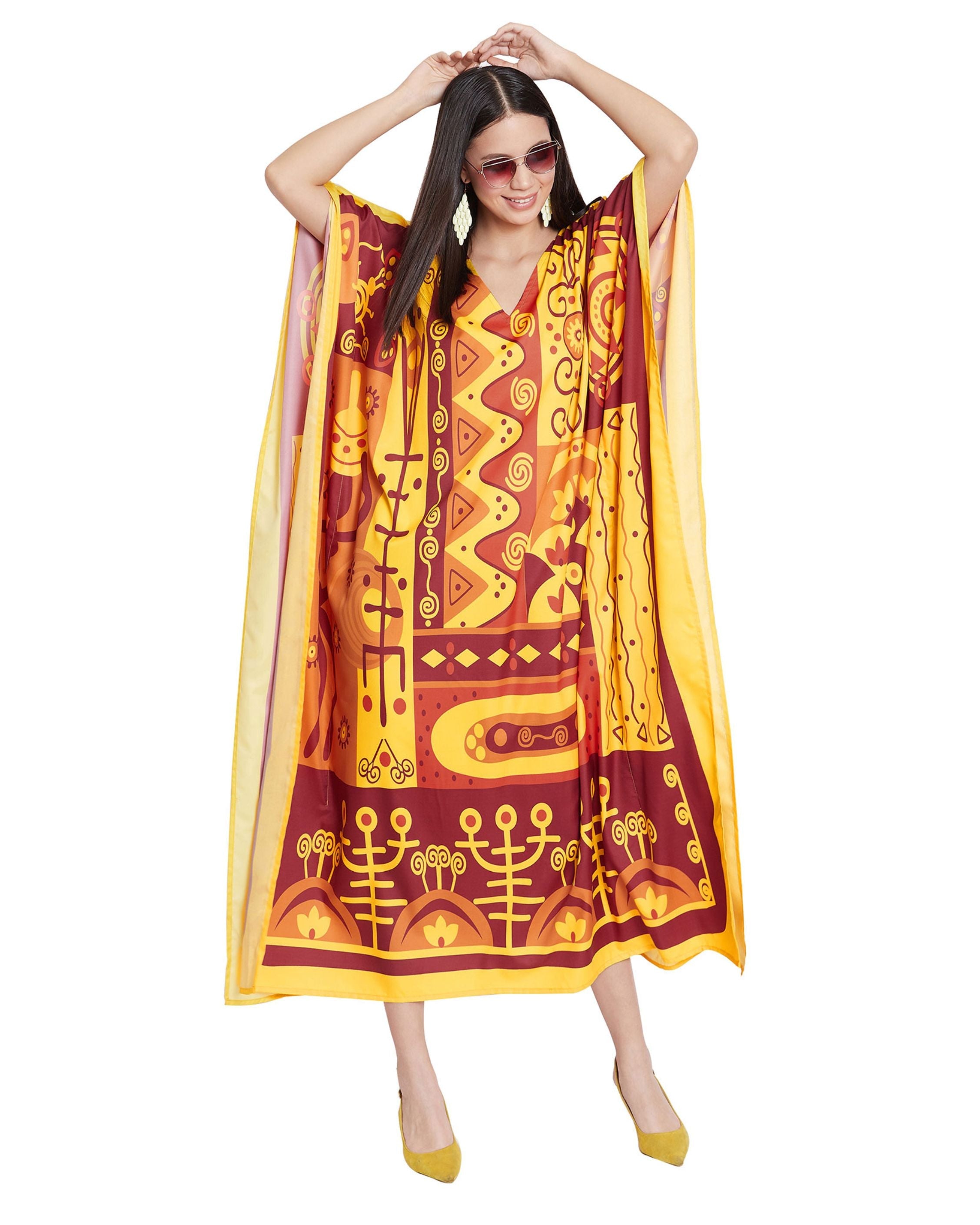 Women Plus Size Dress Tribal Printed Yellow Polyester Kaftan